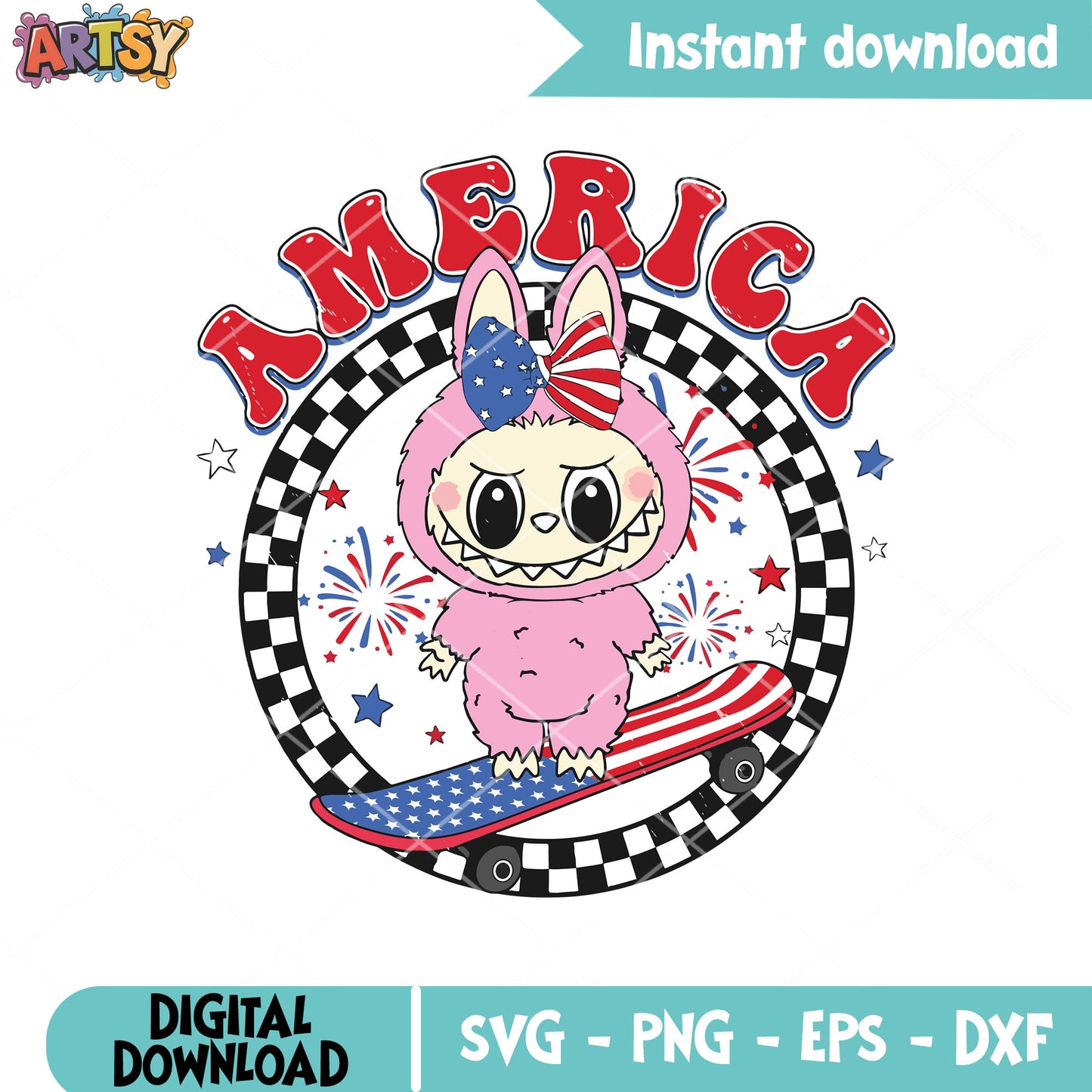 Pink labubu america svg, pink labubu svg, popmart labubu svg