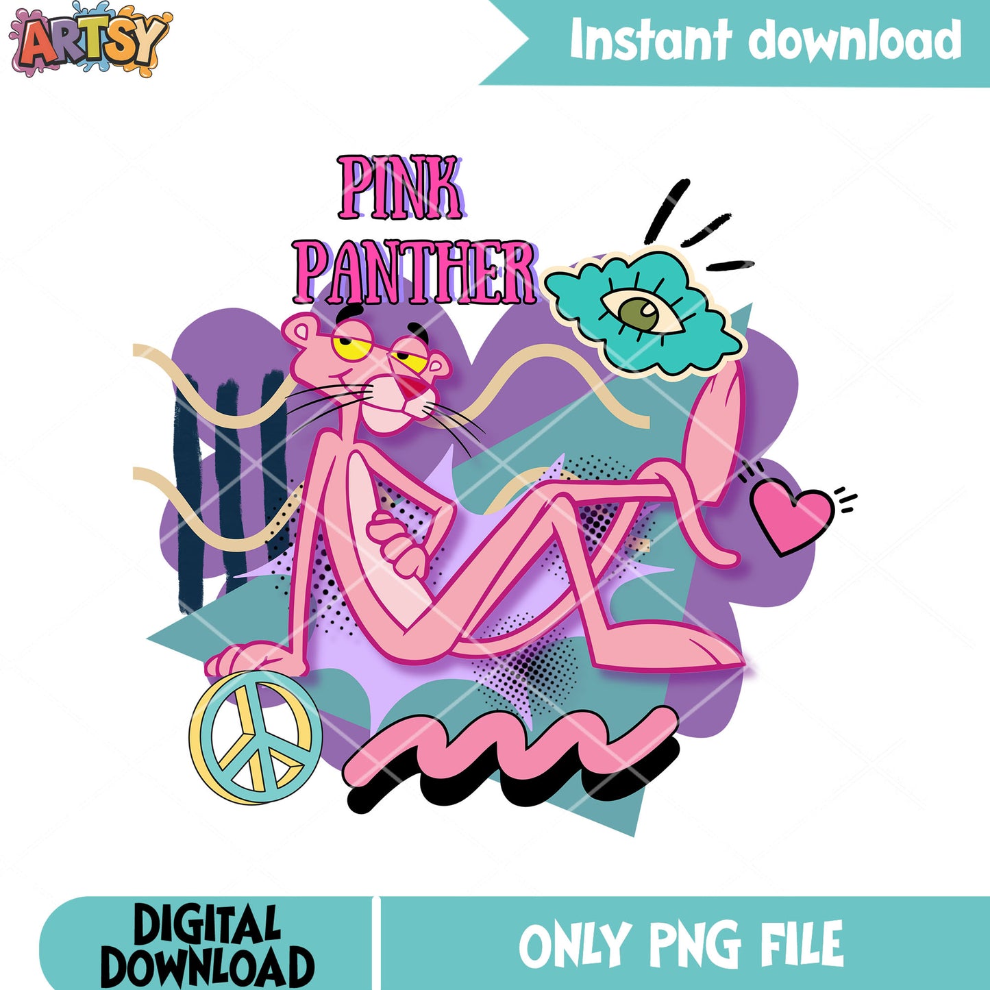 Pink panther chill png, pink panther retro png, peace sign png