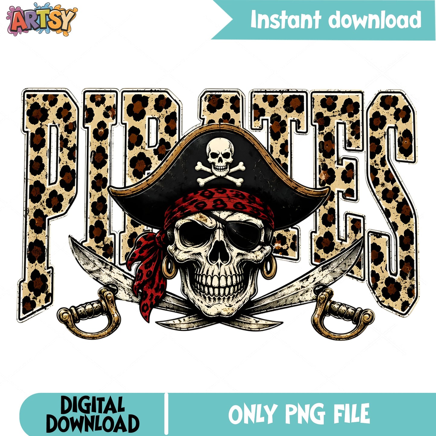 Pirates Leopard Print PNG, Skull Crossbones Pirate PNG, Team Mascot PNG