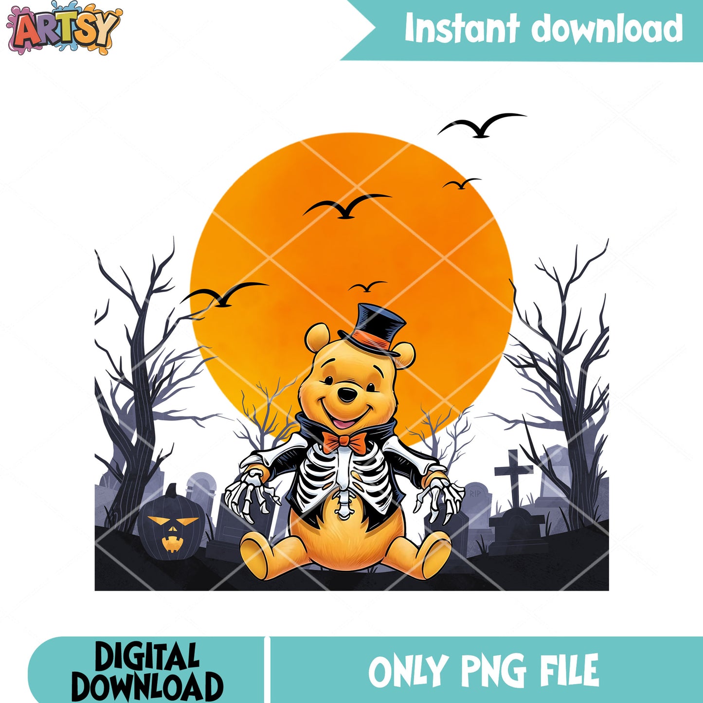 Pooh scary halloween night png, disney halloween png, skeleton costume png