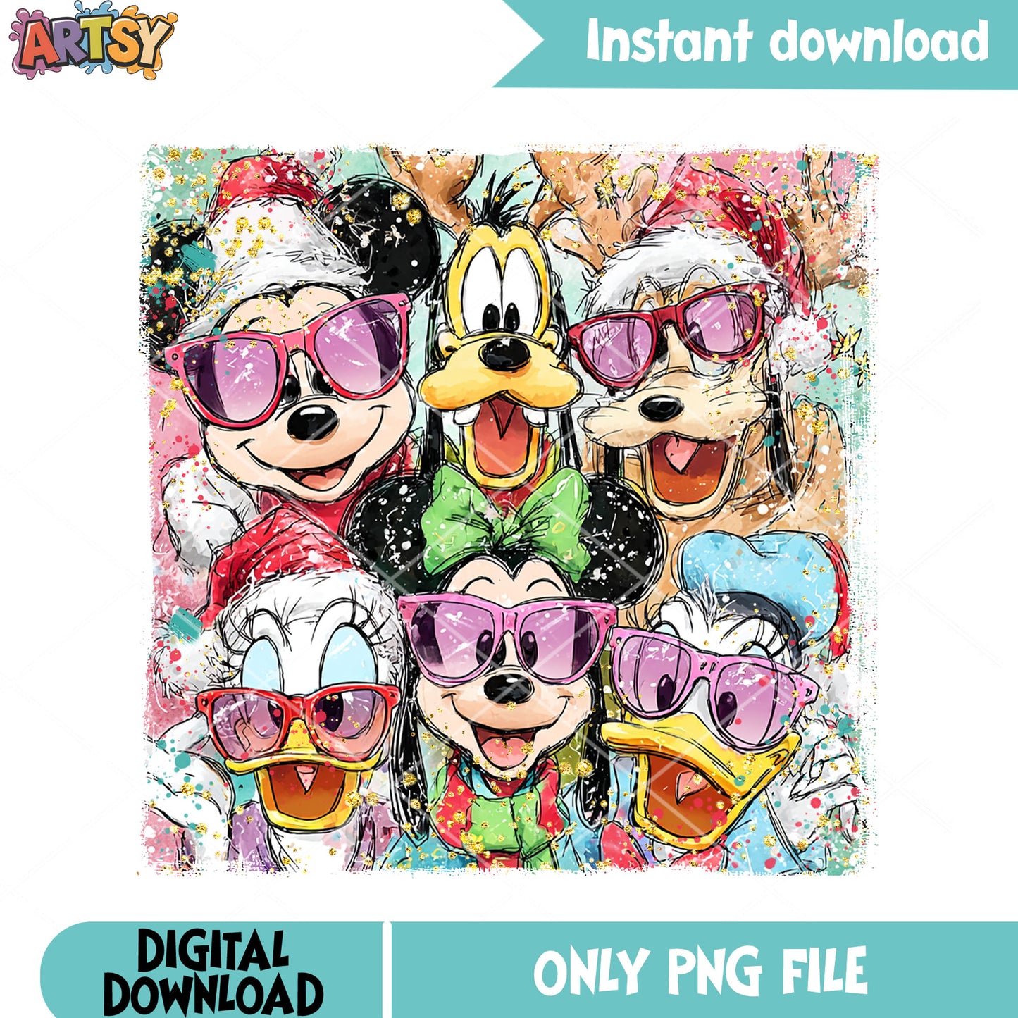 Pop art christmas poster png, merry xmas png, mickey and friends png