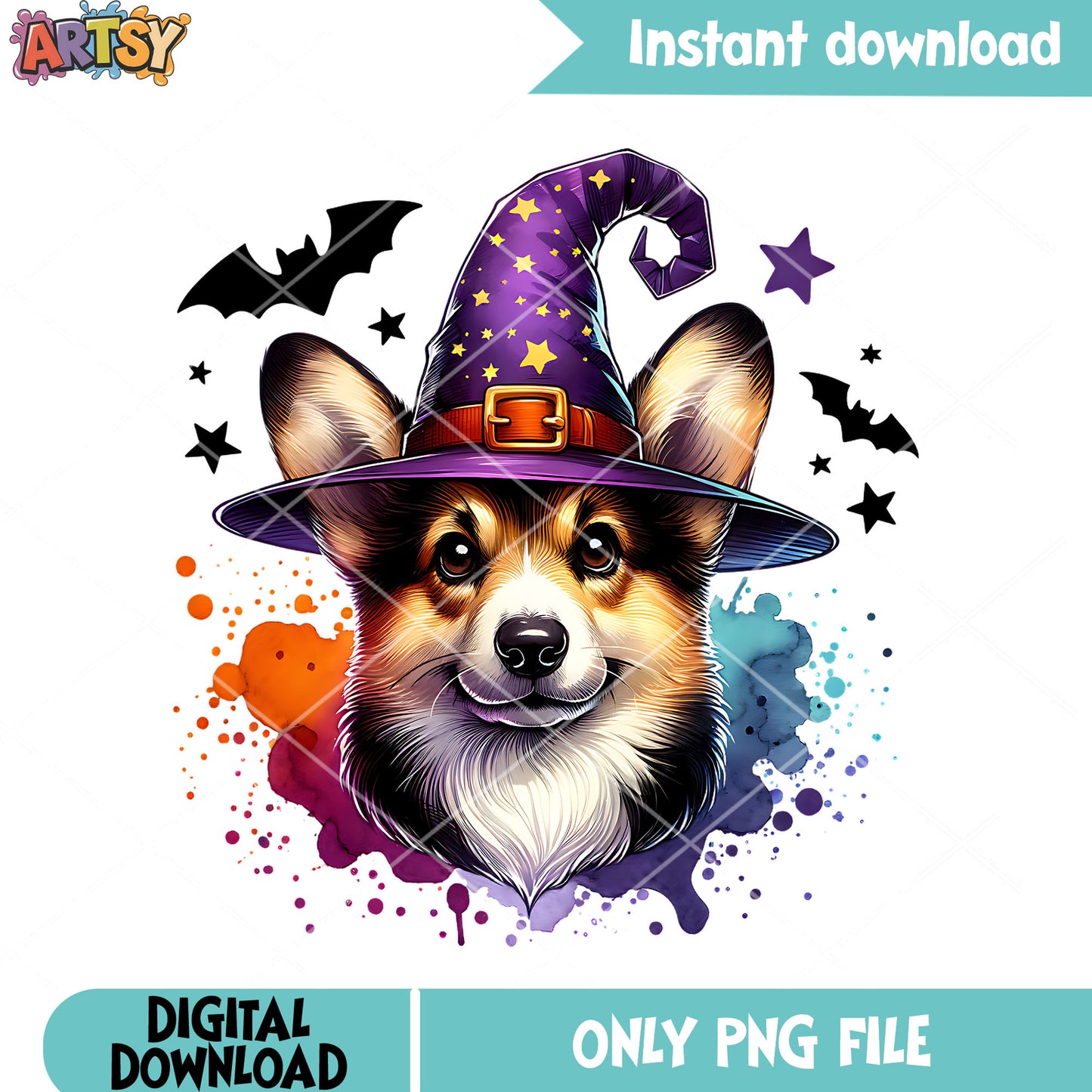 Pop art th witch Corgi png, scary bats png, halloween scary png