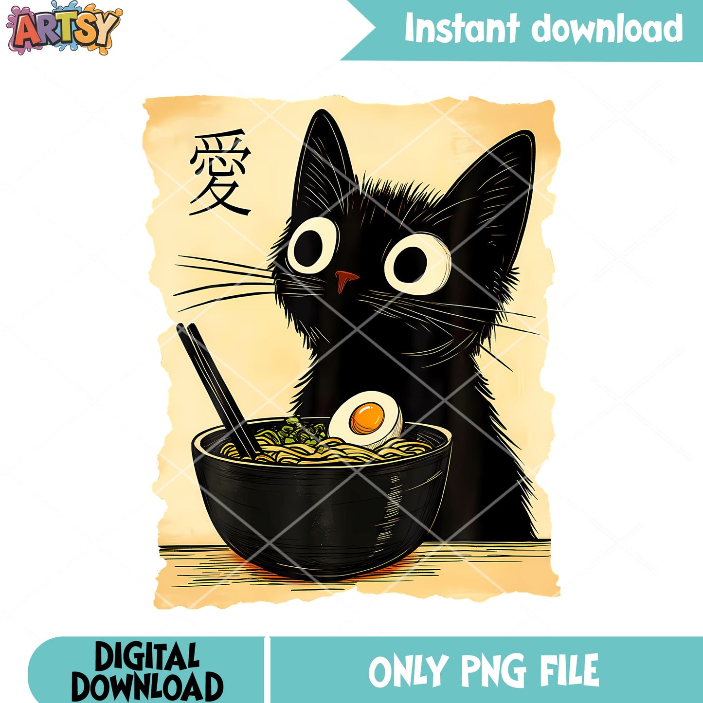 Pop funk anime cat png, black cat png, Japanese ramen png
