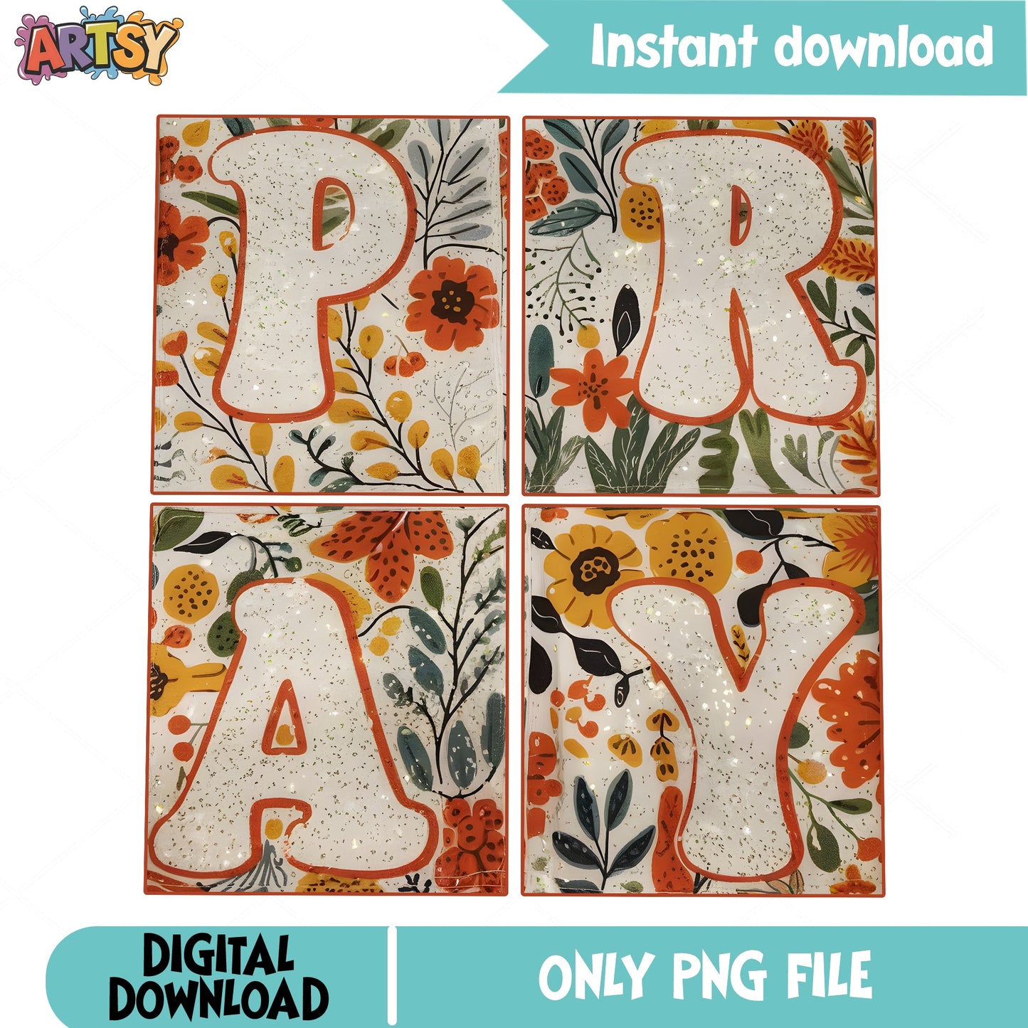 Pray Floral Glitter PNG Bundle, Christian Faith PNG, Wildflower PNG