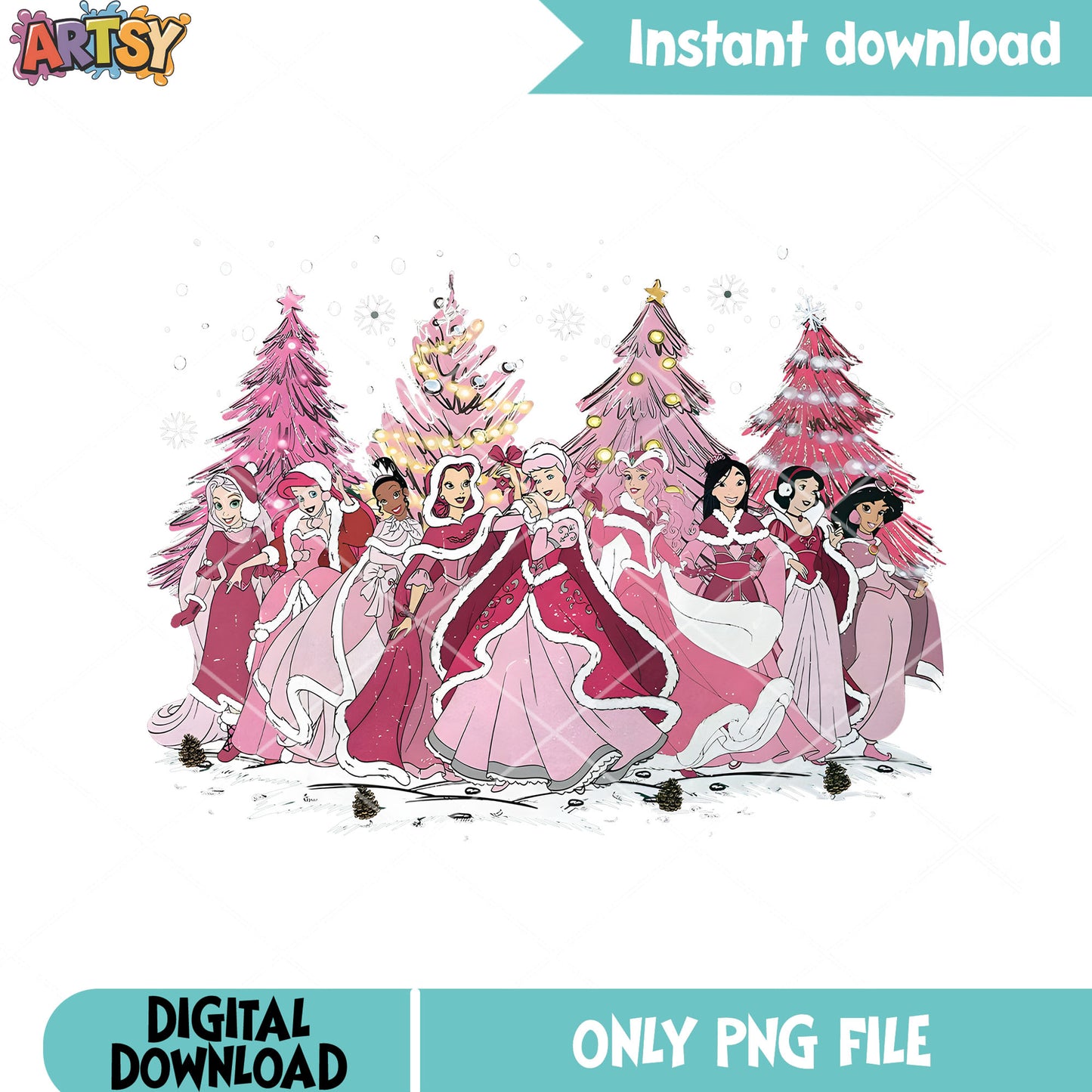 Princess pink winter png, christmas trees png, ornament png