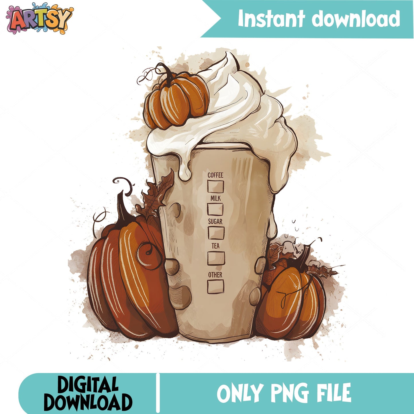 Pumpkin Spice Latte Coffee Cup PNG, Fall Autumn PNG, Thanksgiving PNG