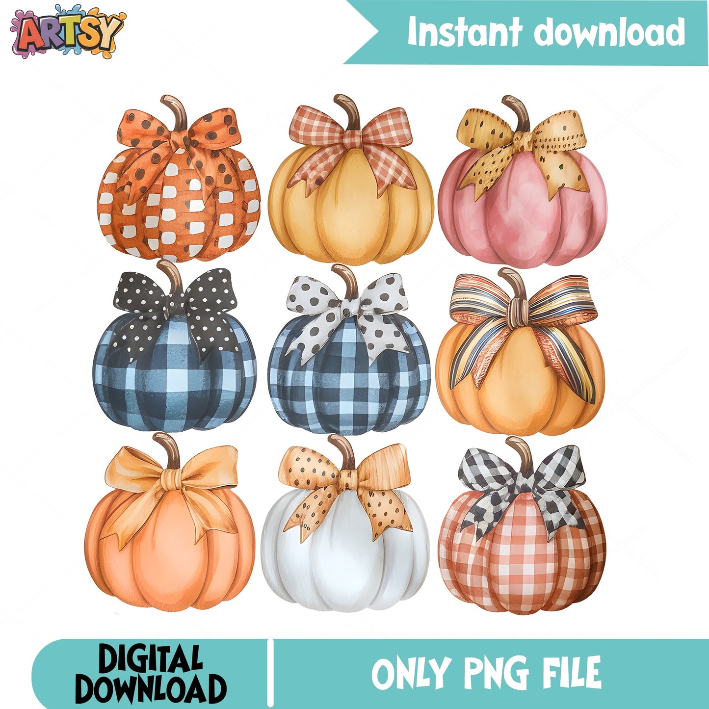 Pumpkin With Bow PNG Bundle, Fall Autumn Clipart PNG, Halloween PNG