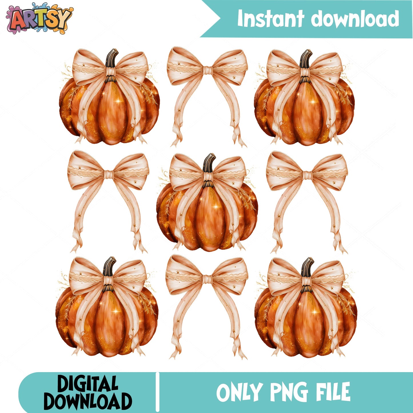 Pumpkin With Bow PNG Bundle, Fall Clipart PNG, Halloween PNG