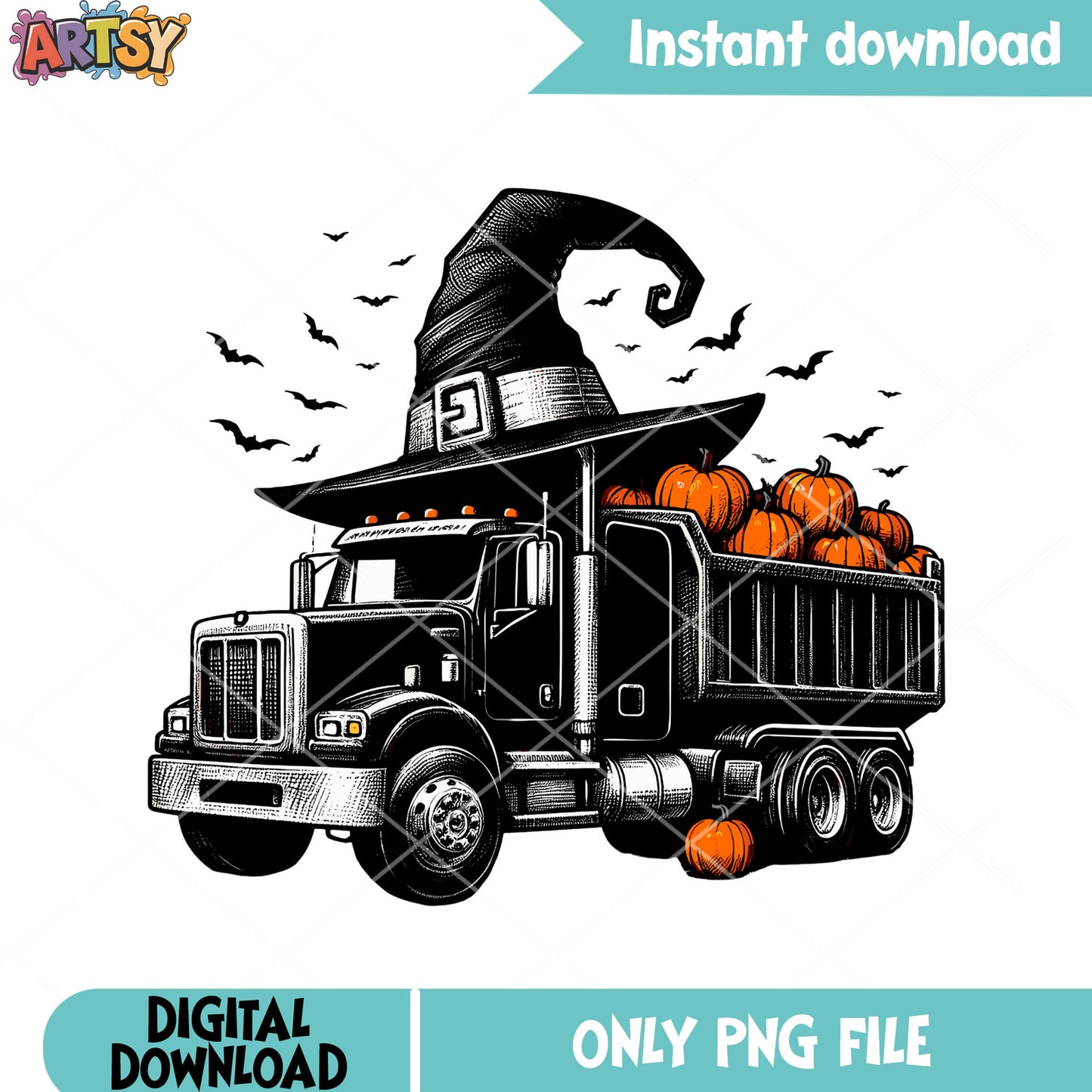 Pumpkin black truck png, witch hat png, halloween scary png