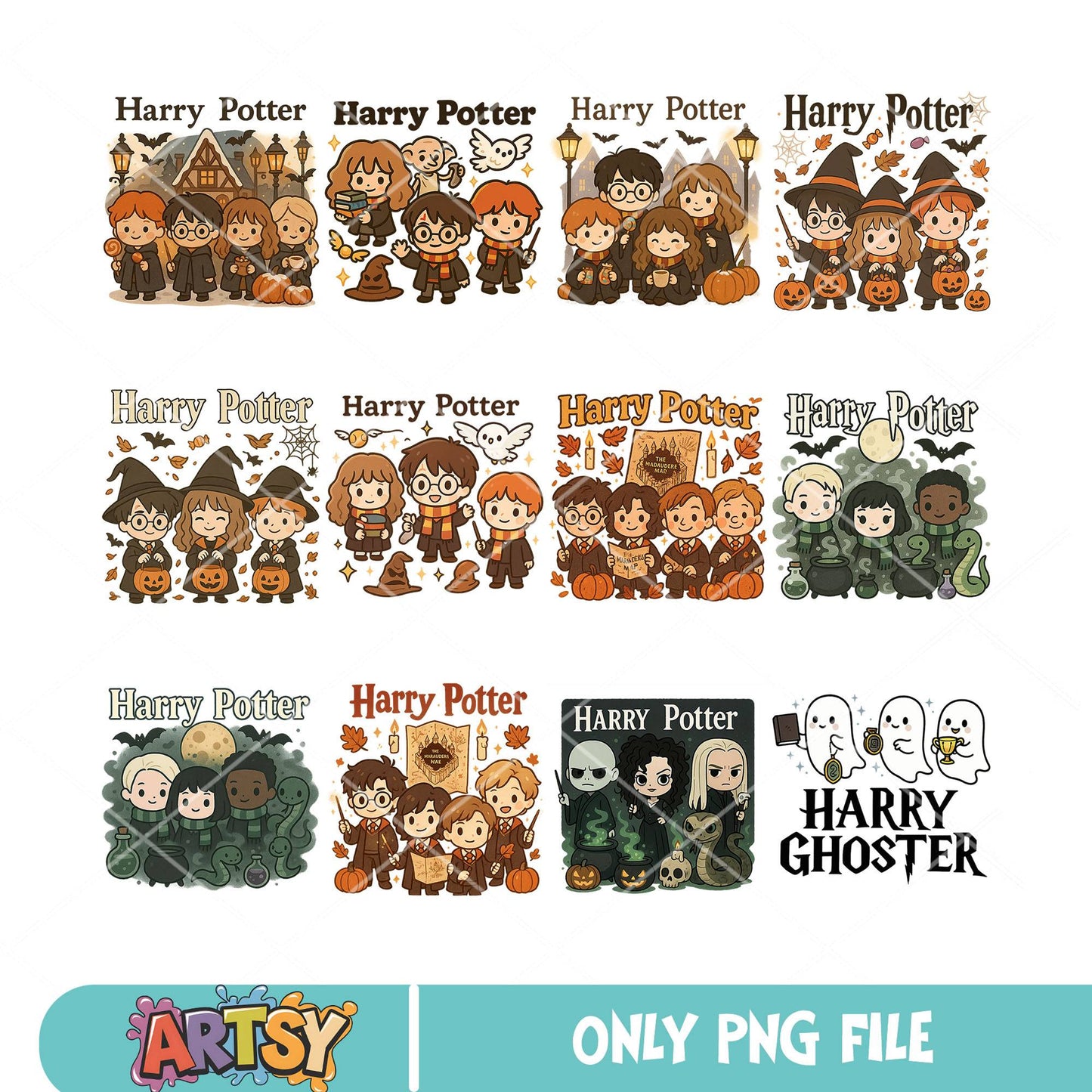 Pumpkin harry potter png bundle, harry potter chibi png, harry potter png