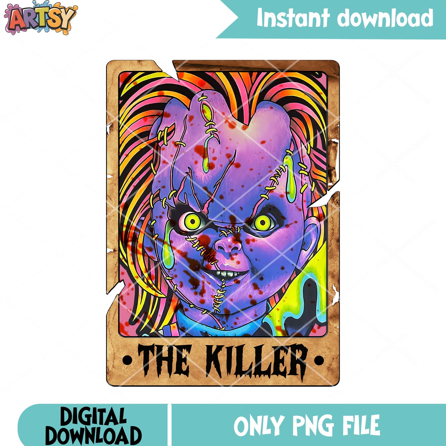 Purple face baby doll png, chucky png, halloween movies png