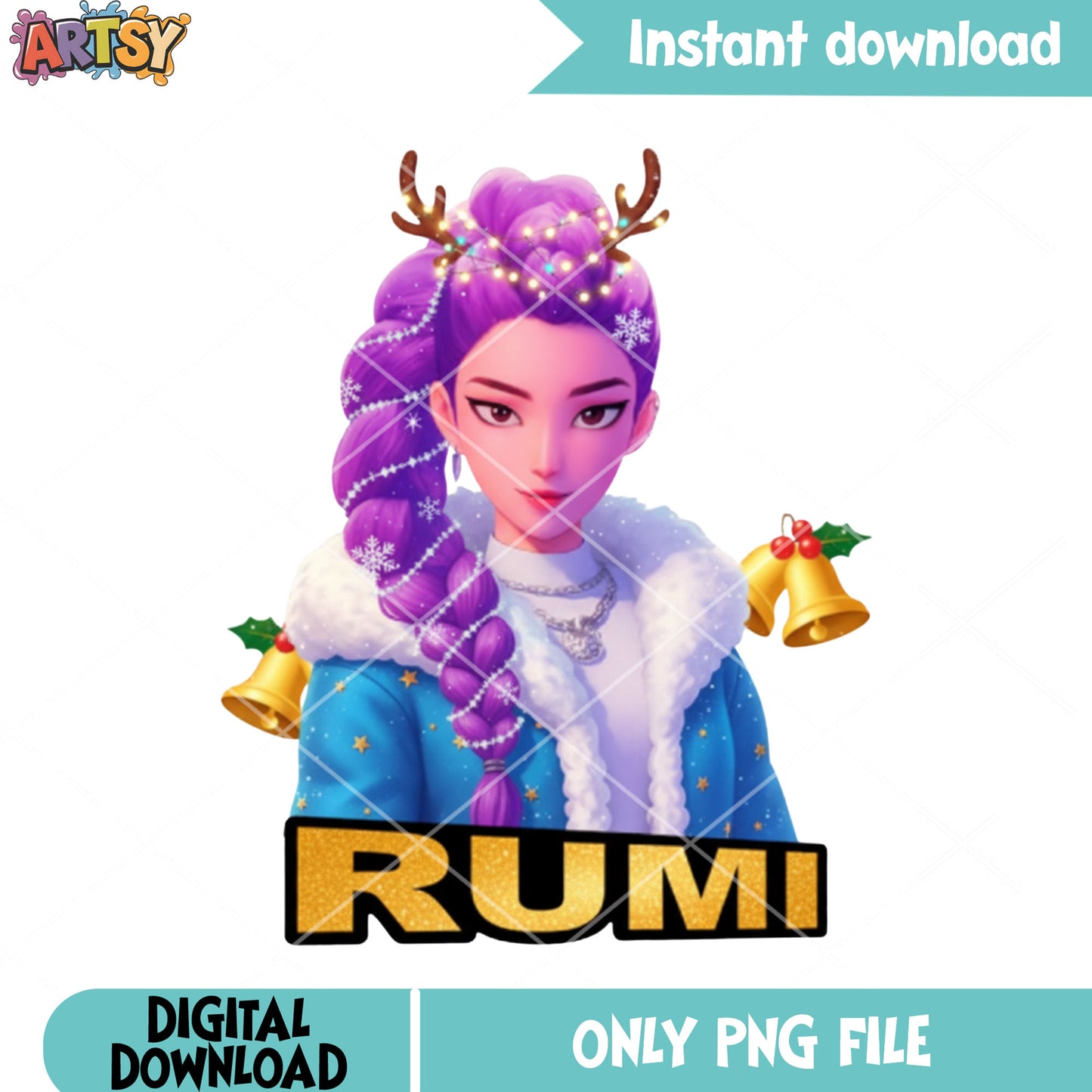 Pyjamas christmas png, rumi huntrix png, christmas jingle bells png