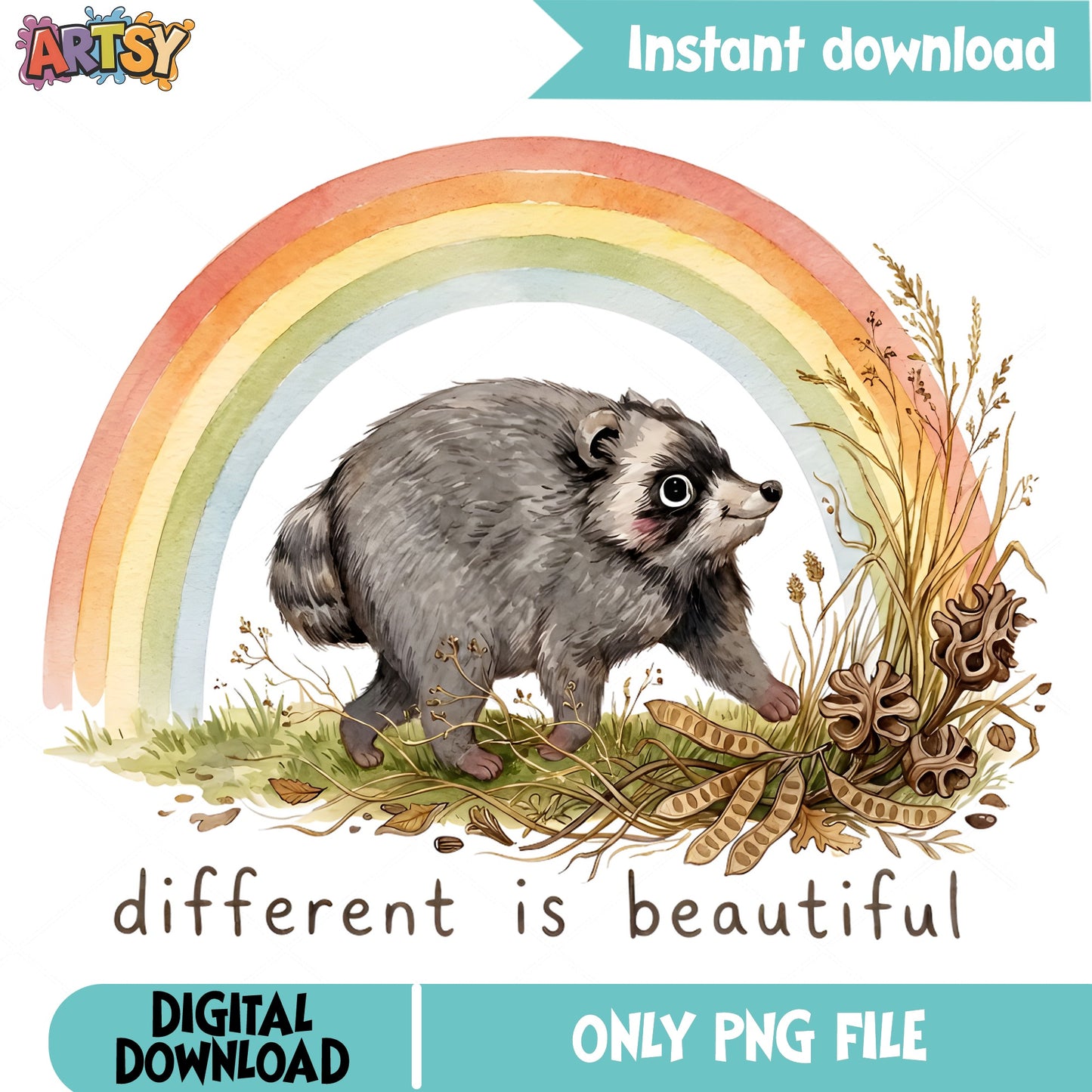 Raccoon Different Is Beautiful PNG, Woodland Animal PNG, Rainbow PNG