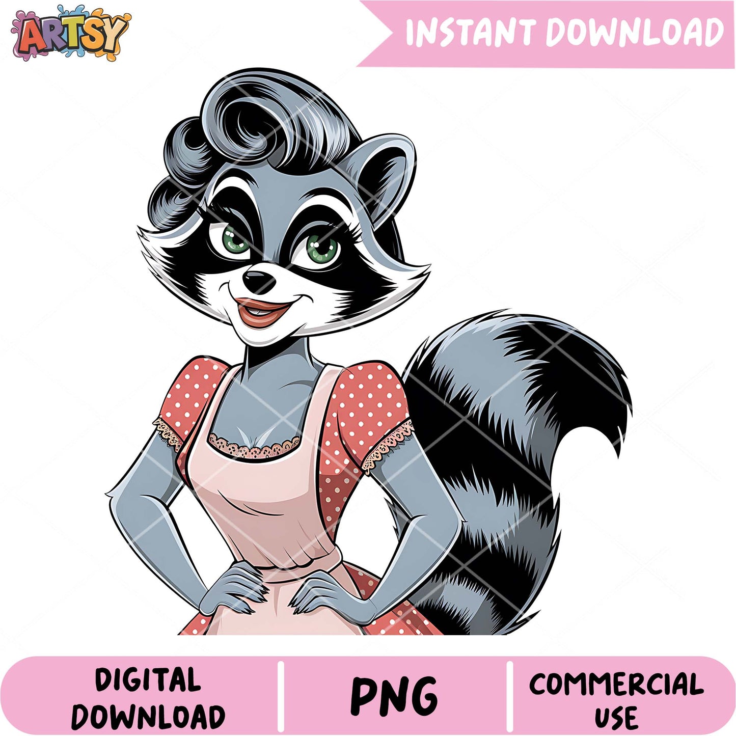 Retro Raccoon Girl PNG Instant Download