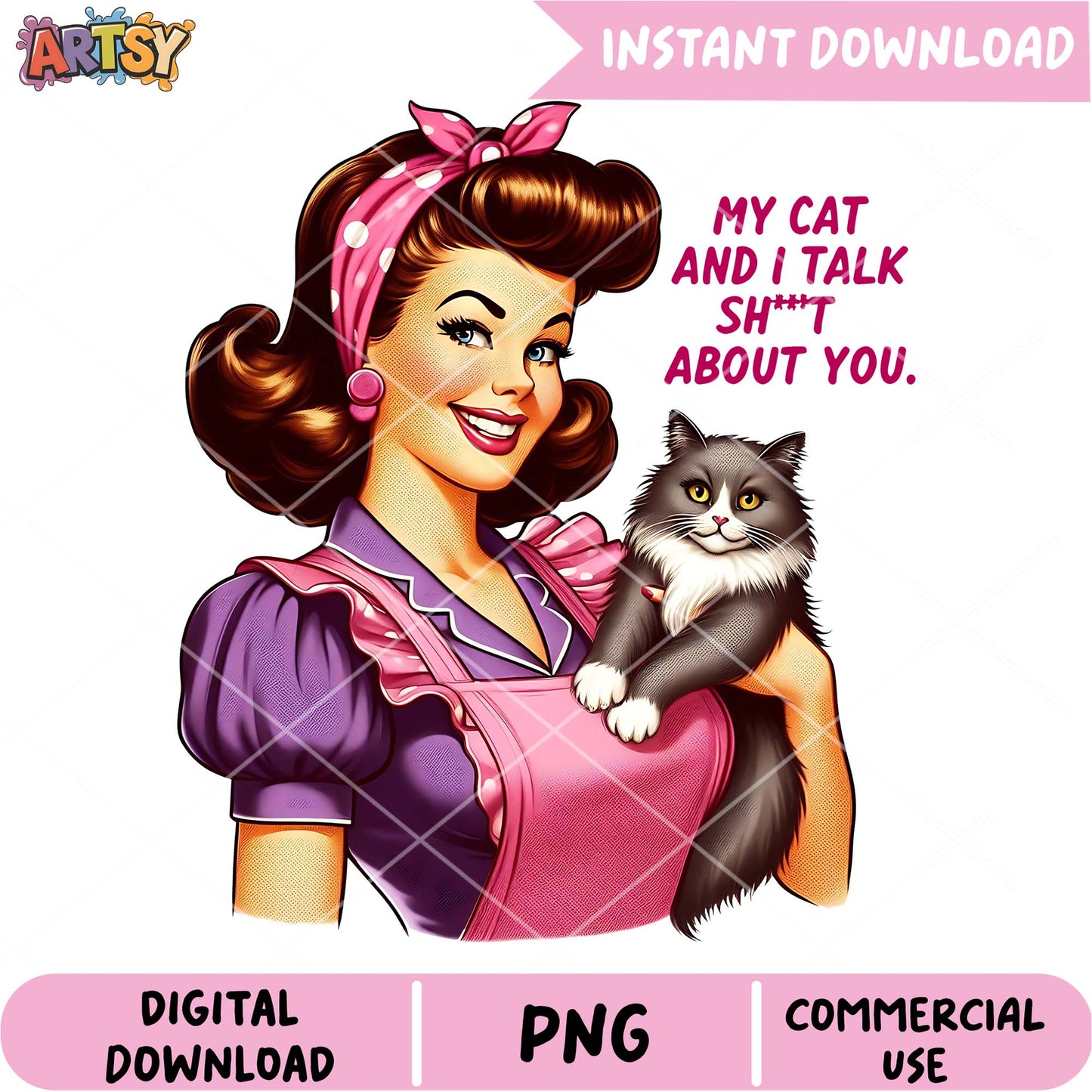 Retro Woman Cat PNG Sublimation Design