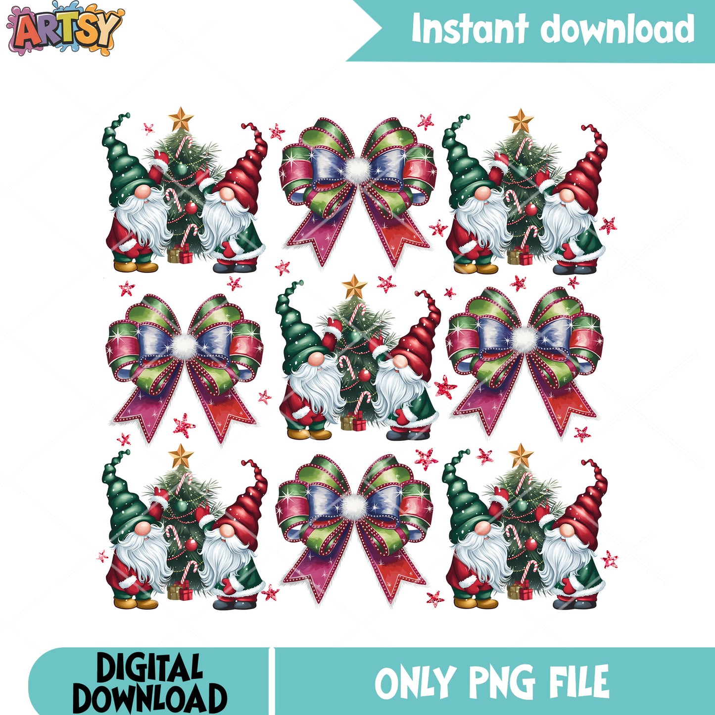 Retro colorful gnome png, santa coquette png, chritmas bow png