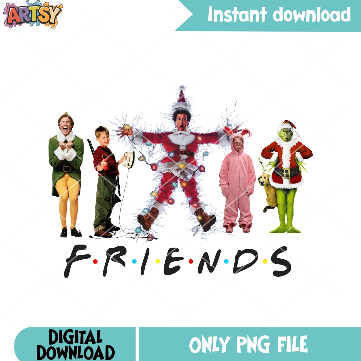 Retro friends funny png, grinch elf christmas png, santa claus png