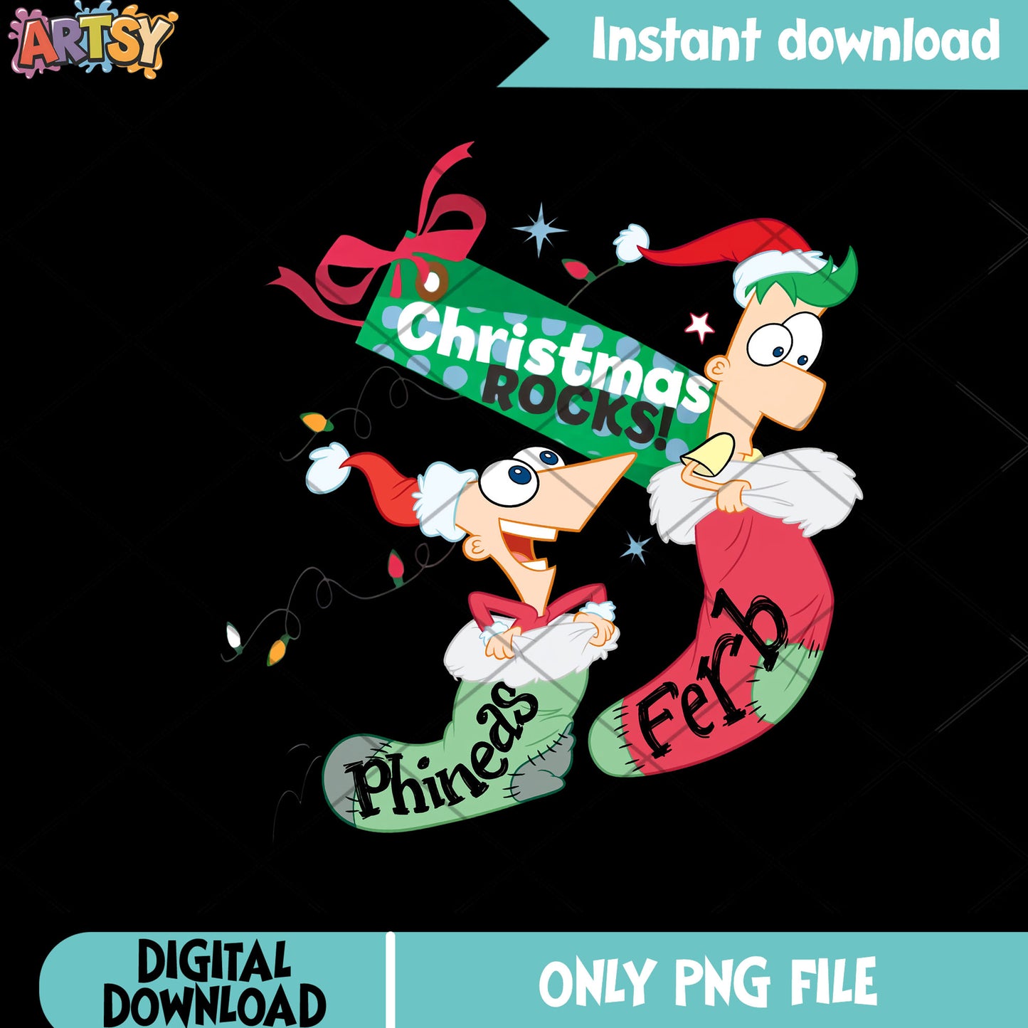 Rock n roll christmas png, phineas and ferb png, disney christmas png