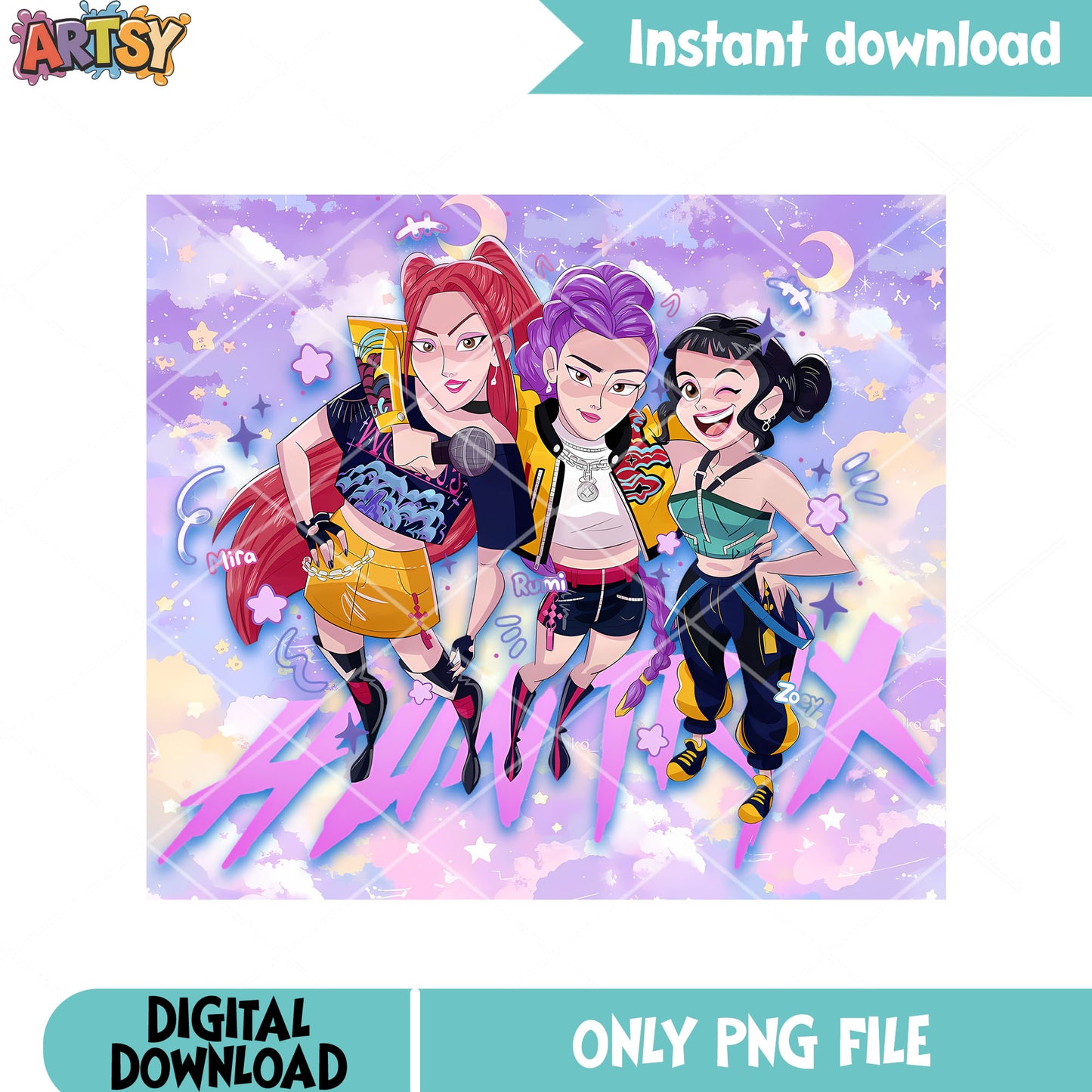 Rumi mira zoey pop png, huntrix pop png, poster huntrix pop png