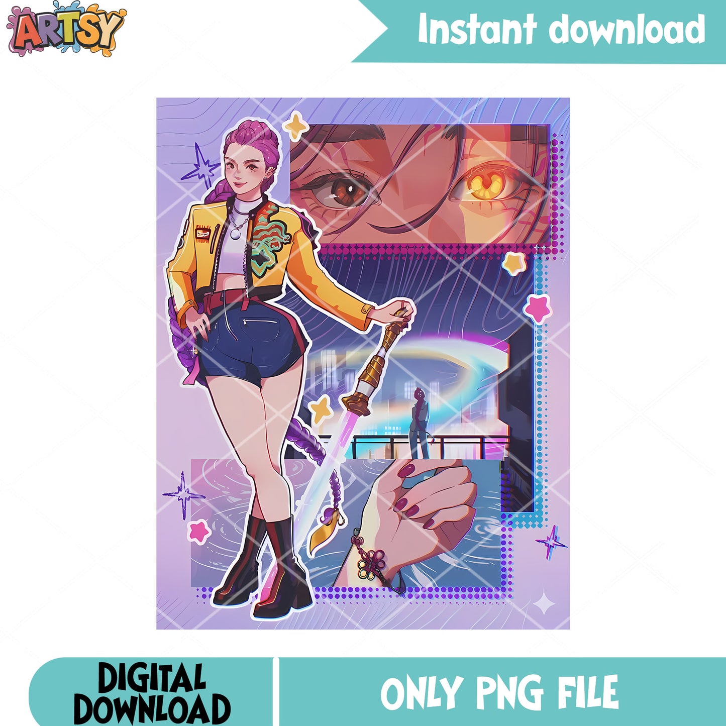 Rumi poster pose anime png, rumi glowing eye png, pose sticker png