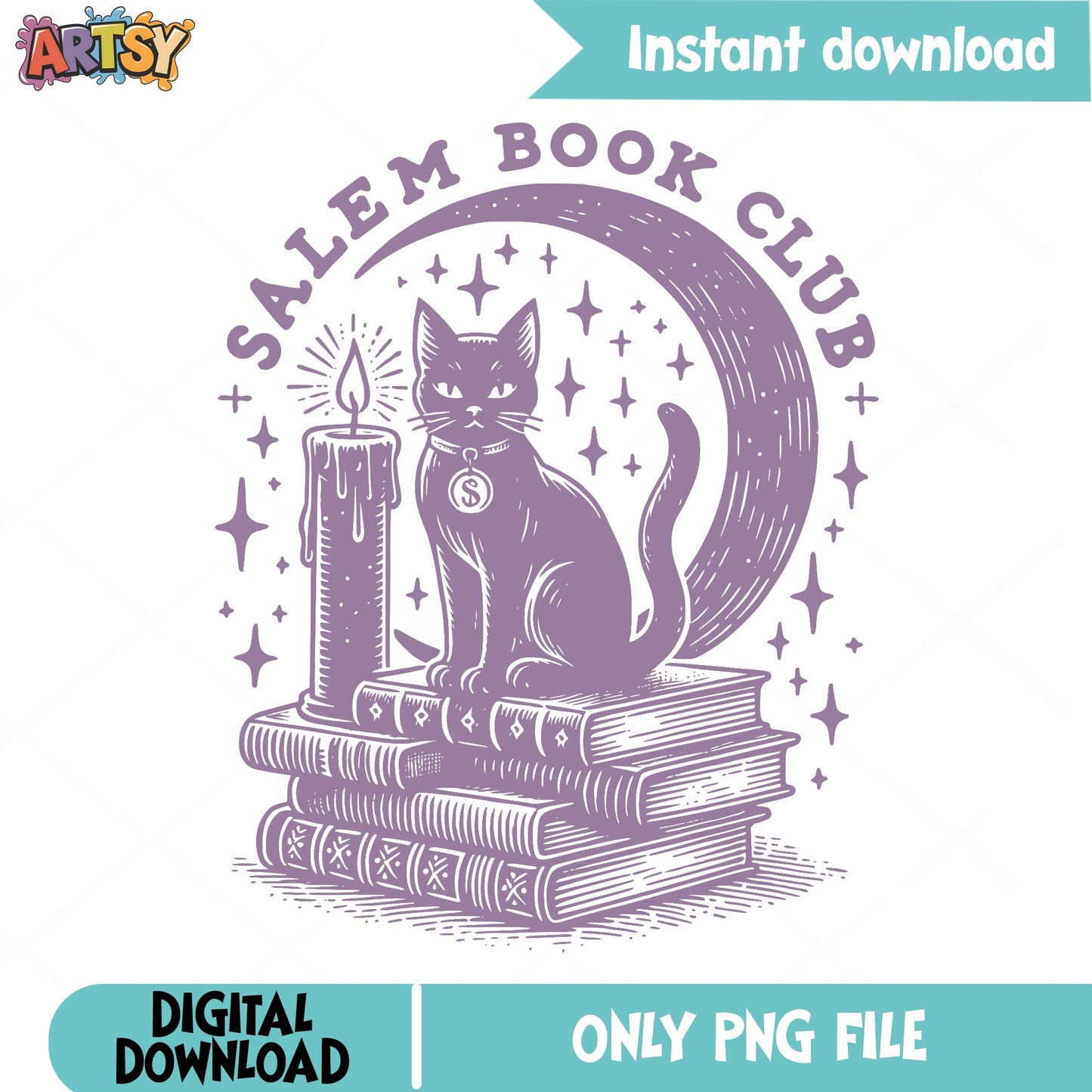 Salem Book Club PNG, Black Cat Witch PNG, Halloween PNG