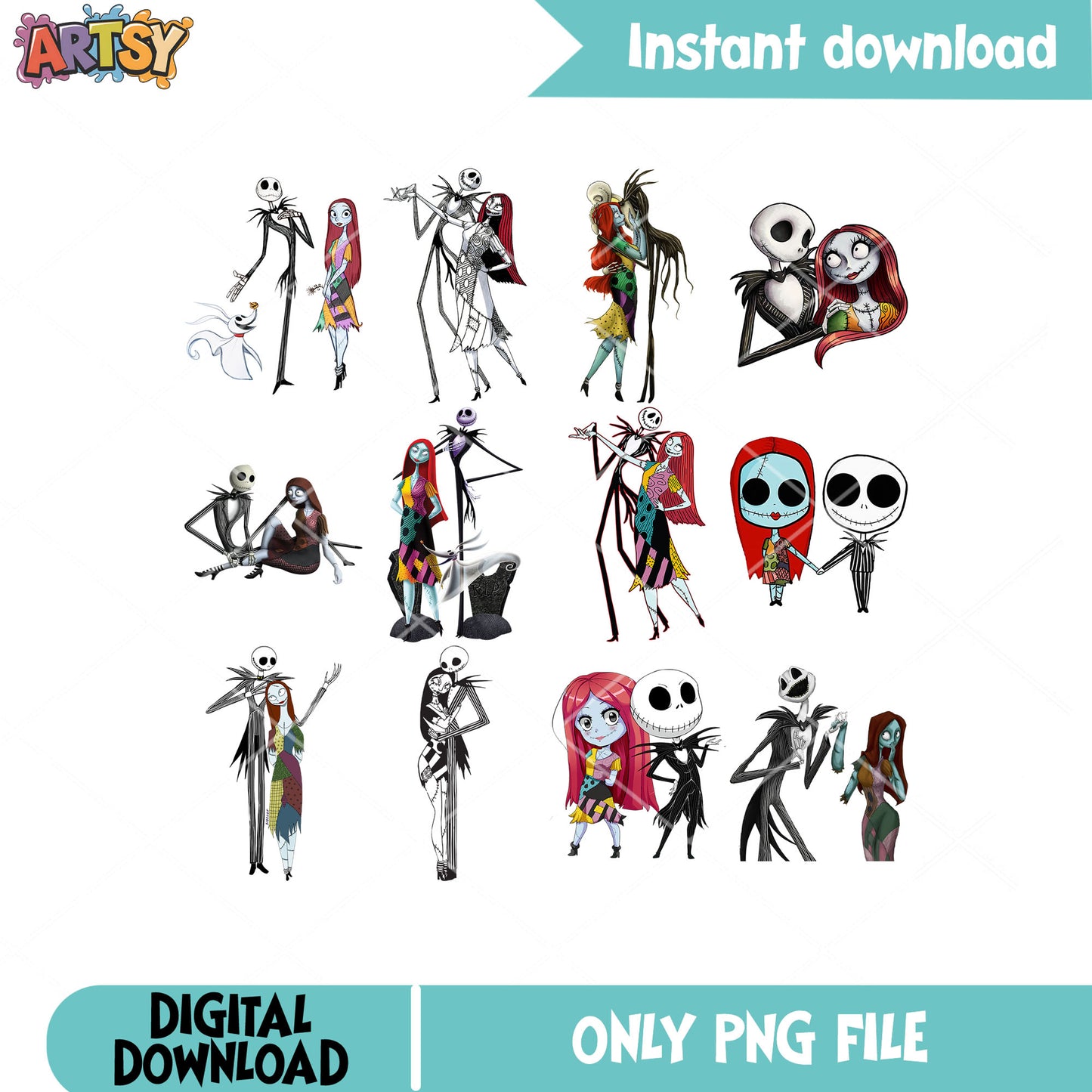 Sally and jack png bundle, jack and sally png, halloween nightmare png