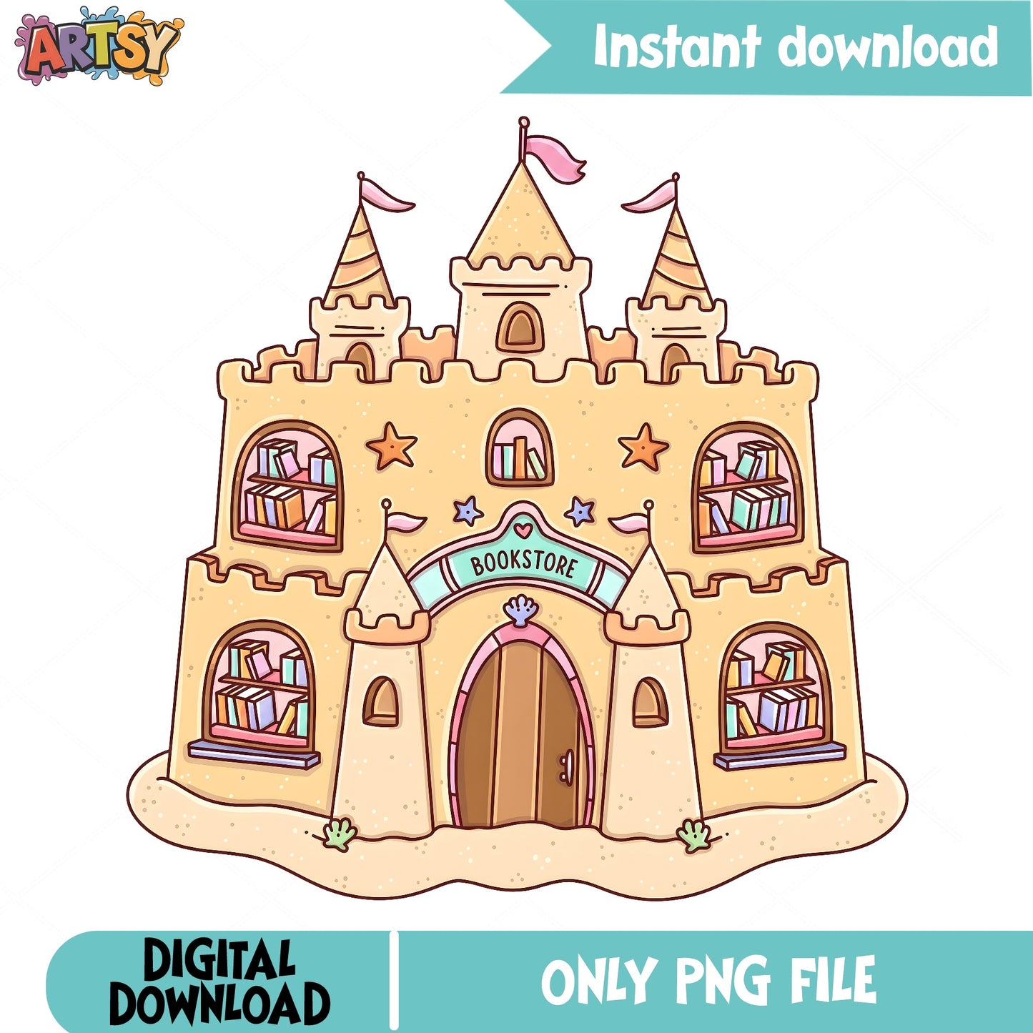 Sand Castle Bookstore PNG, Beach Book Lover PNG, Summer PNG