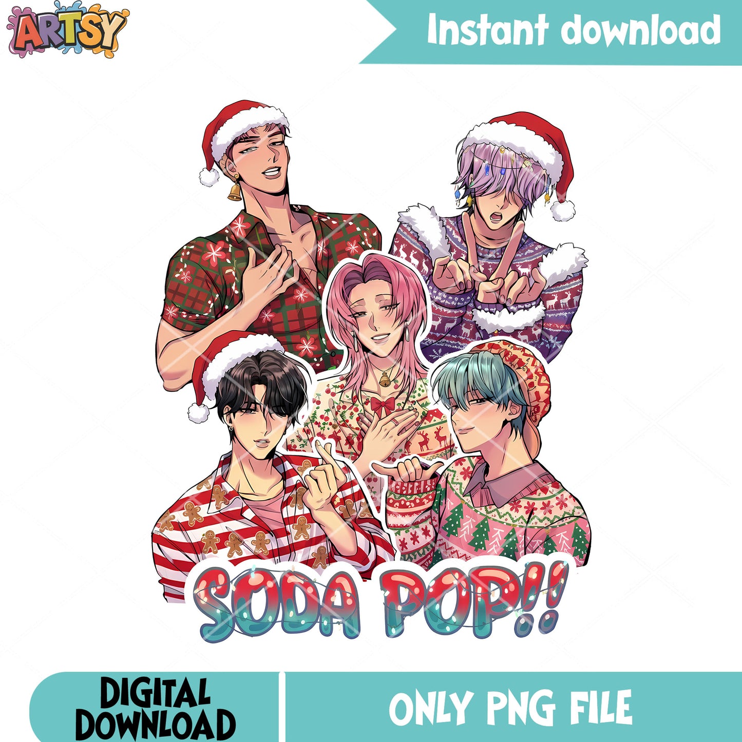 Santa hat boys band kpop png, kpop demon hunters png, saja boys png