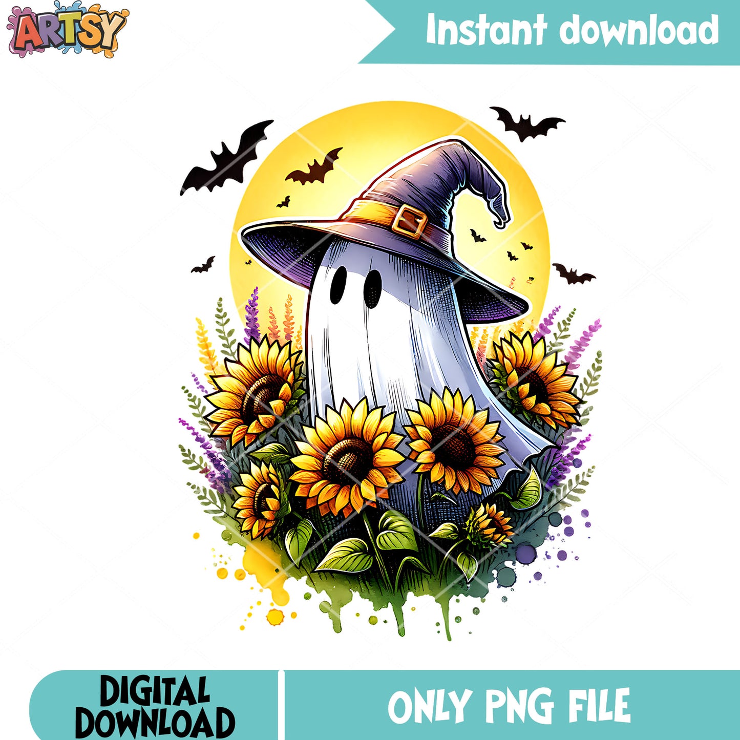 Scary bats sunflower png, ghost costume png, halloween scary png