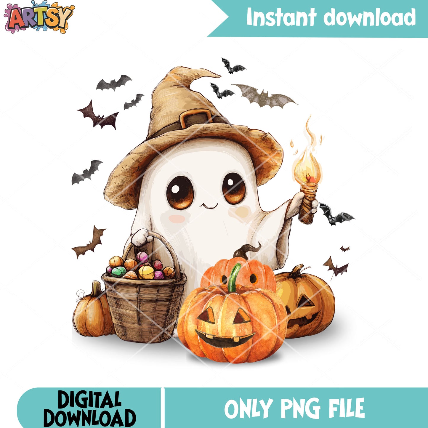 Scary bats wicker pumpkin png, ghost costume png, scary halloween png