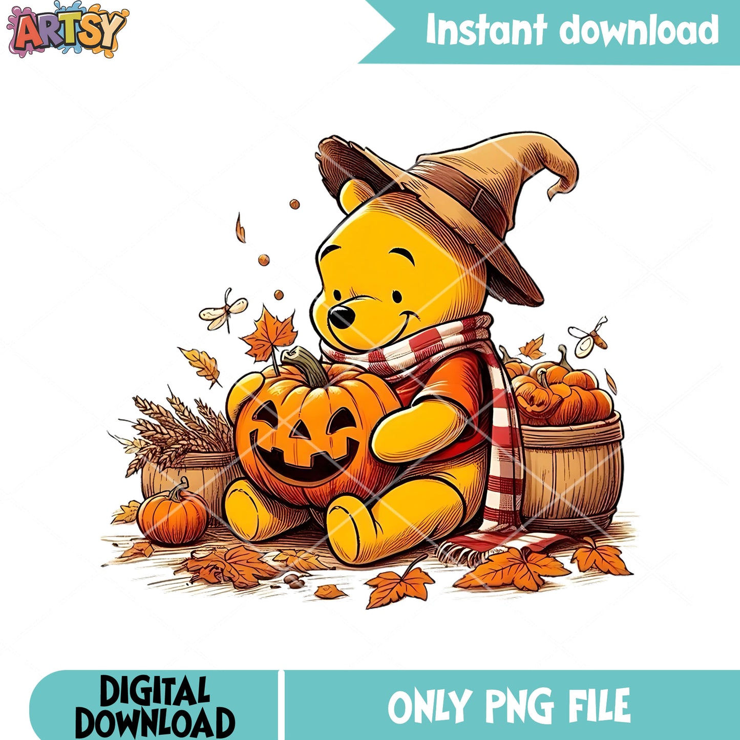 Scary pumpkin Winnie the pooh png, witch costume png, disney halloween png
