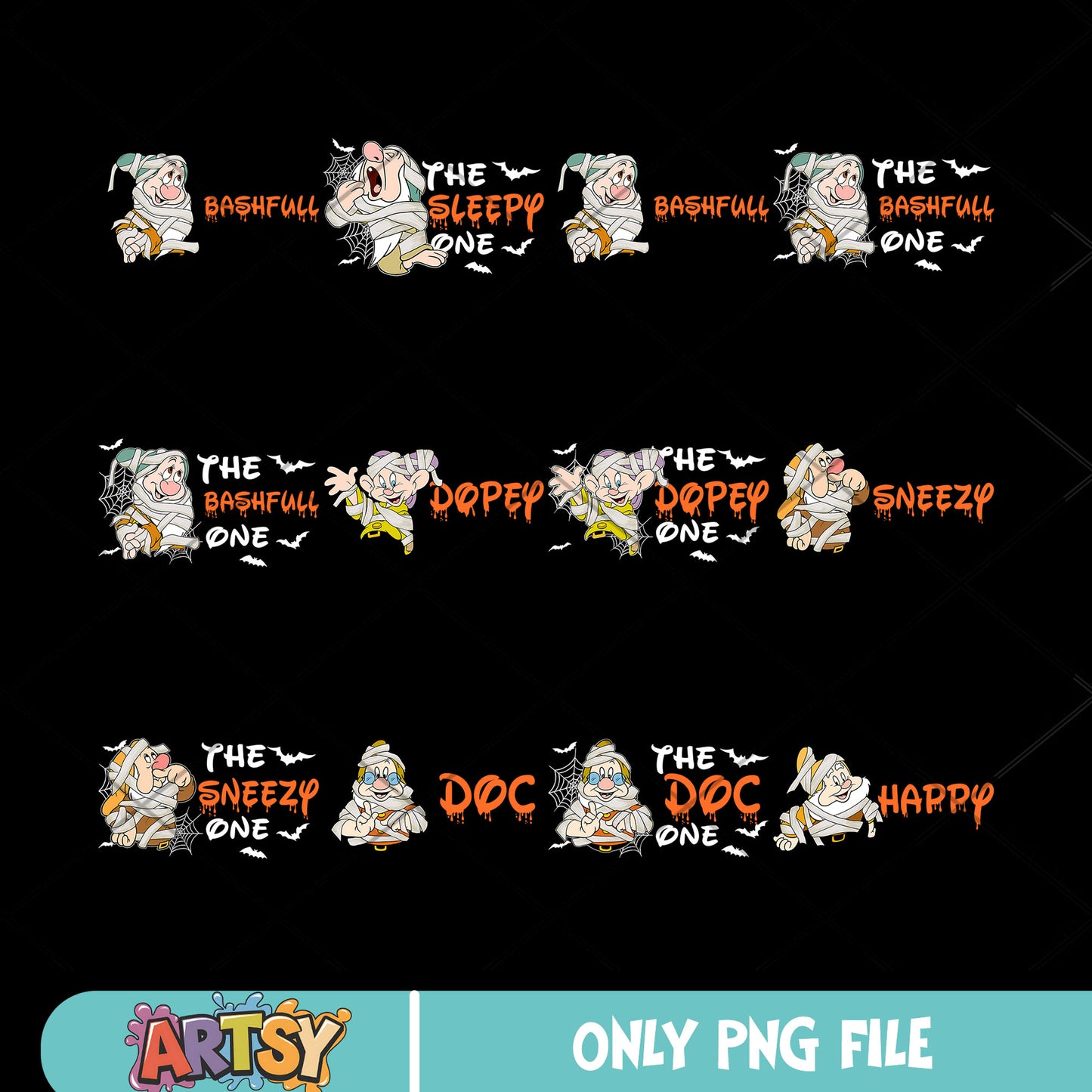 Seven drawf mummy png bundle, disney drawf png, halloween mummy png