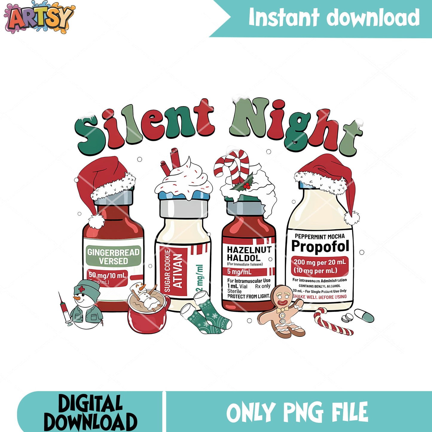 Silent night christmas png, gingerbread man png, stockings png