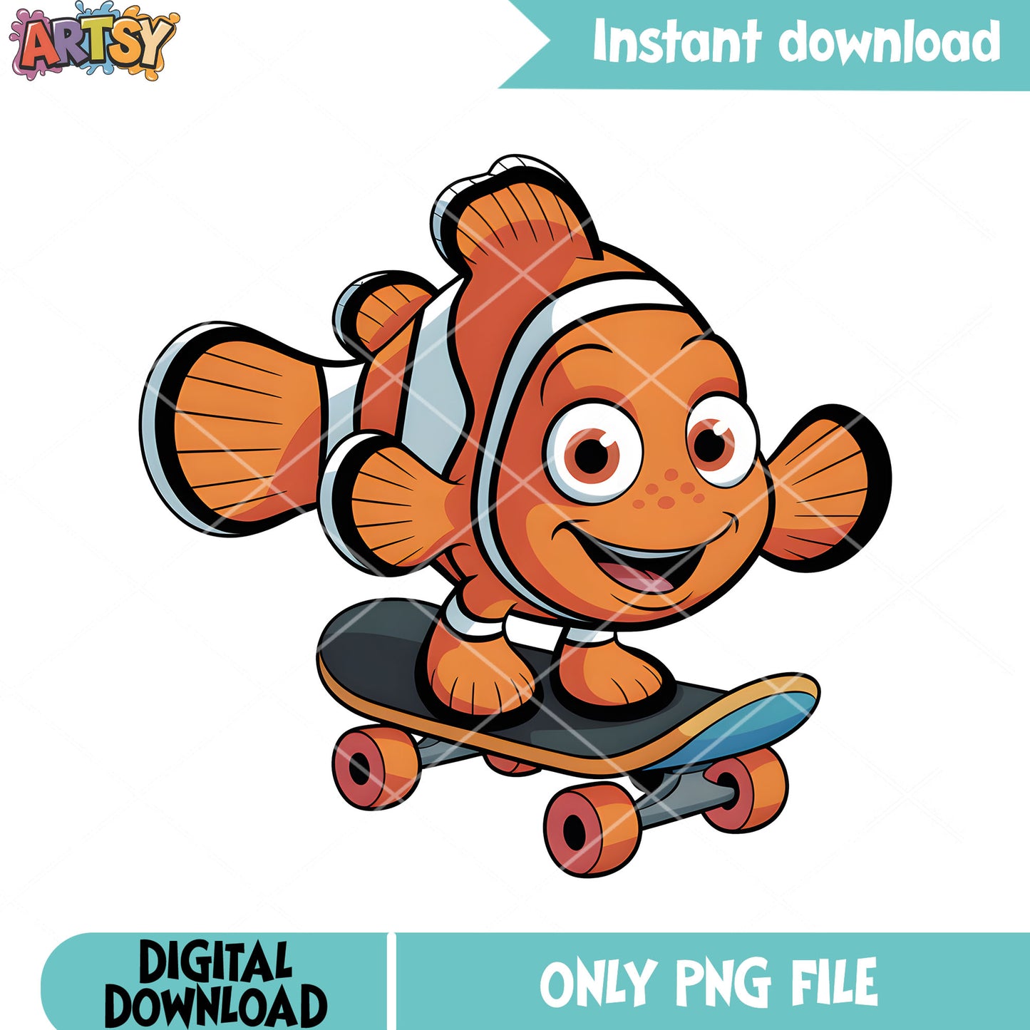 Skateboard and nemo fish png, disney deisgn png, finding nemo png