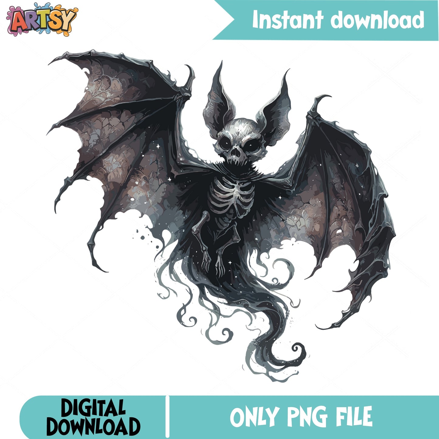 Skeleton Bat Halloween PNG, Spooky Bat Skull PNG, Gothic Halloween PNG