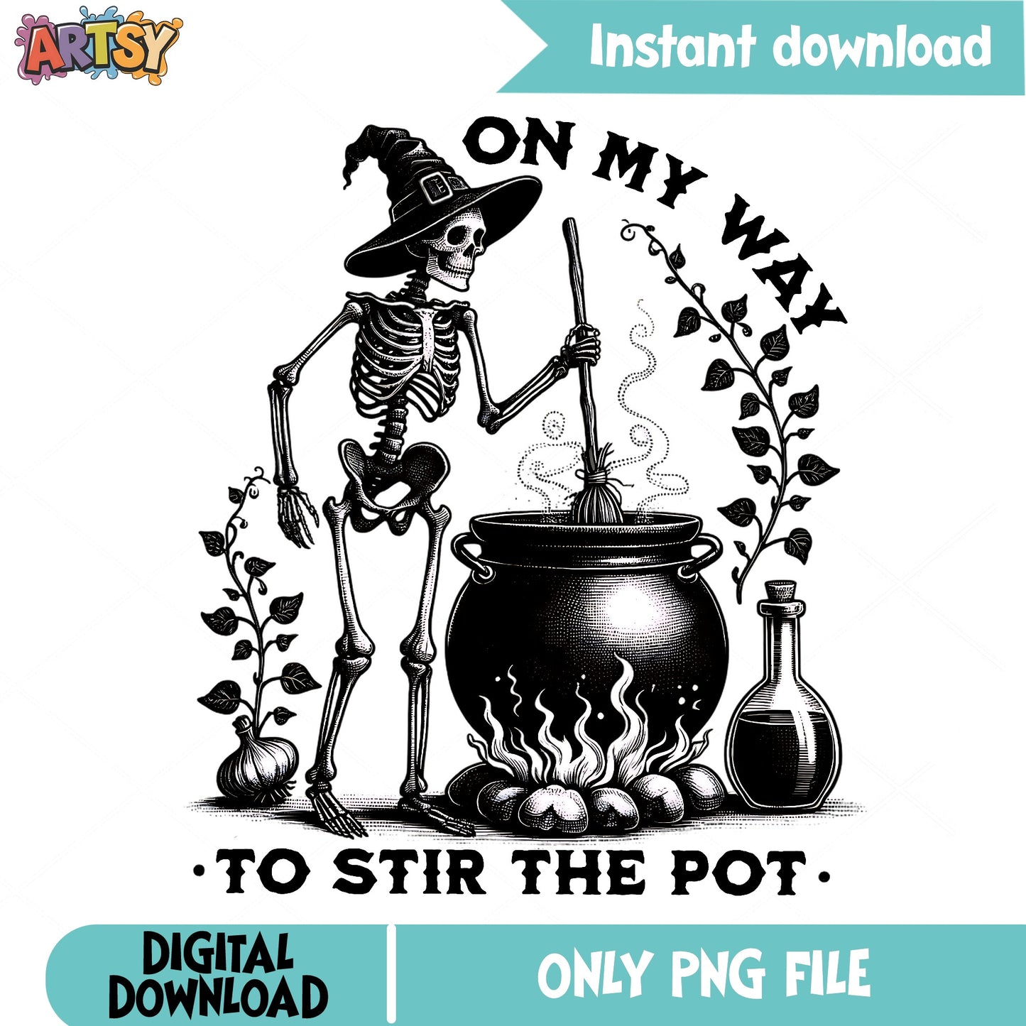 Skeleton Witch Stir The Pot PNG, Halloween PNG, Funny Halloween PNG