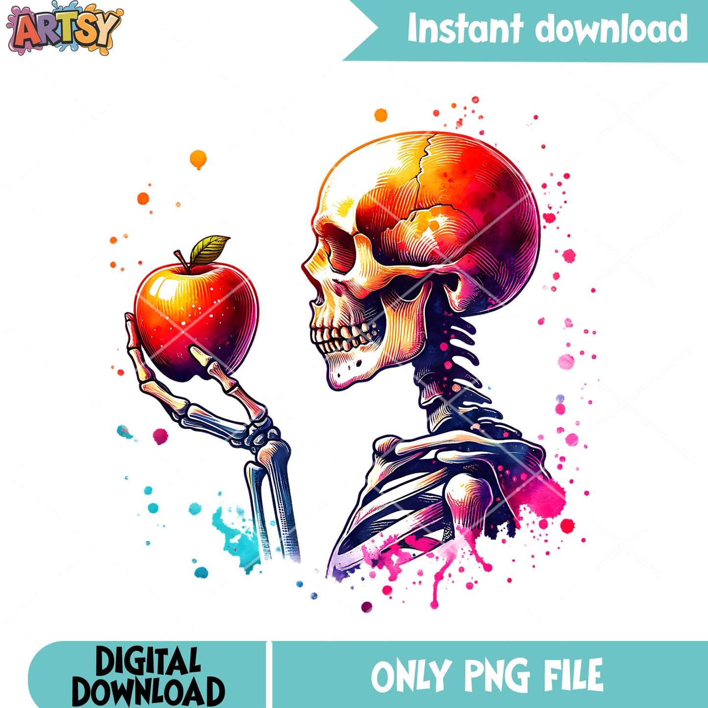 Skeleton eating an apple png, spooky art png, scary halloween png