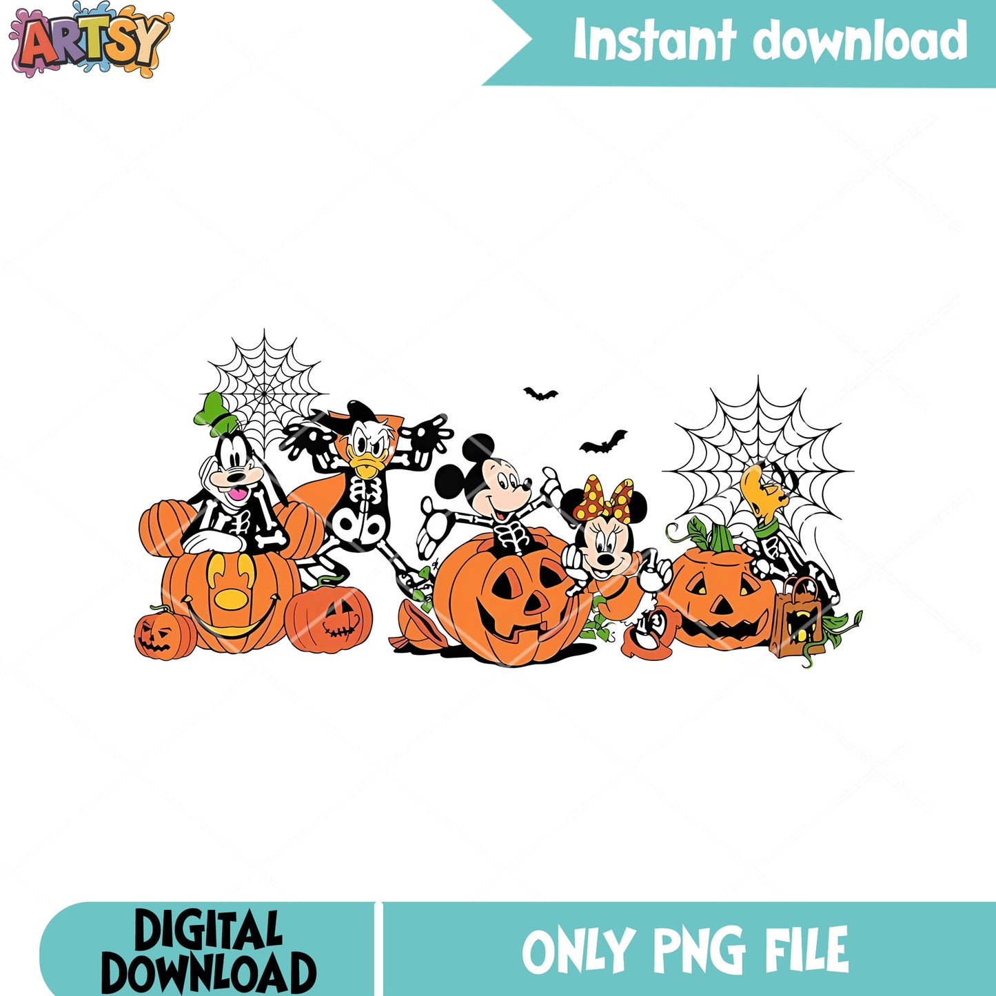 Skeleton mickey and friend png, jack o lantern png, scary pumpkin png