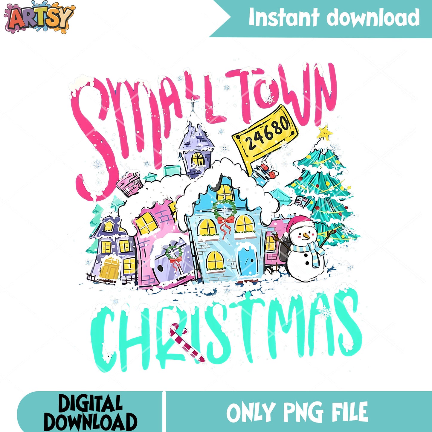 Snowman christmas town png, Small town christmas png, christmas tree png