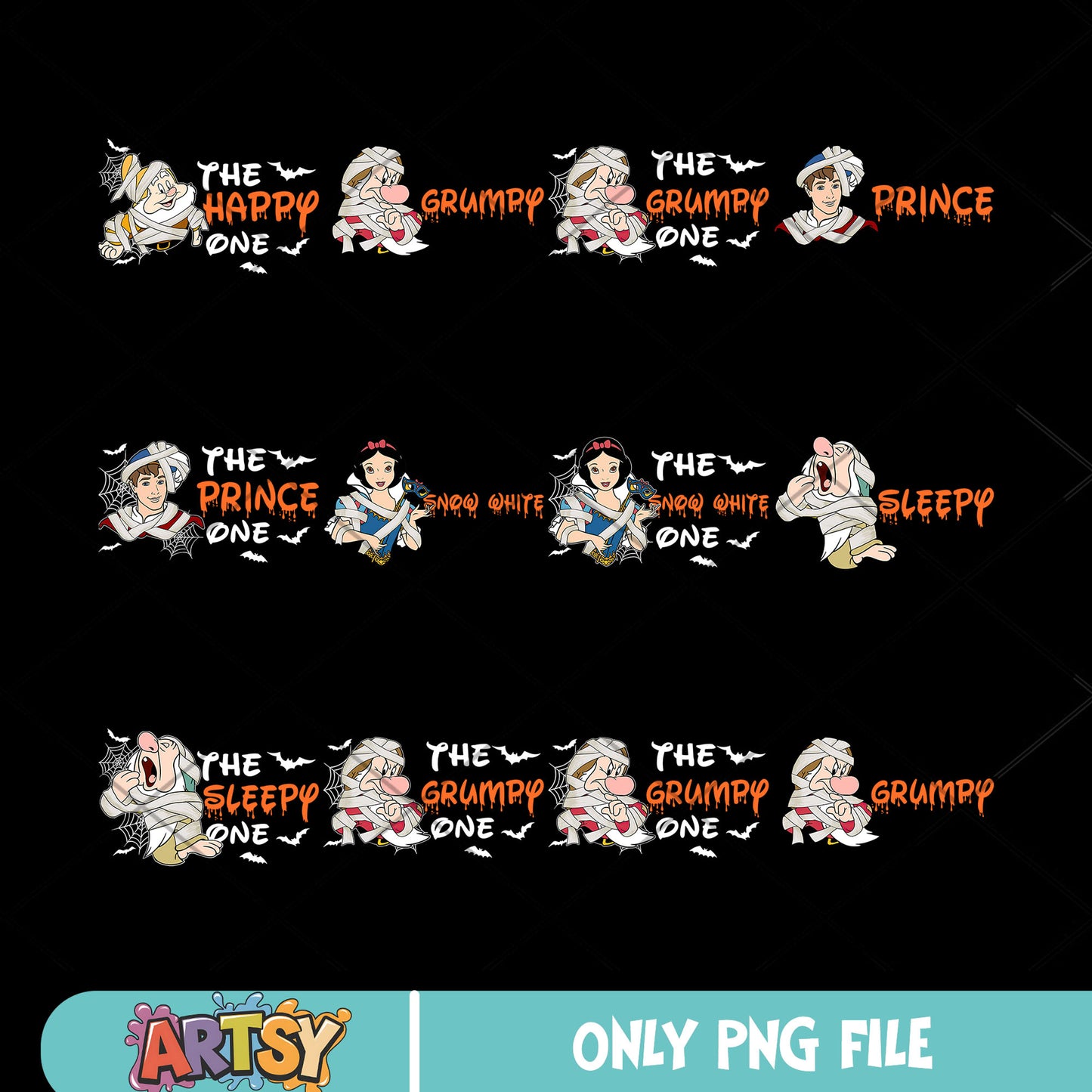 Snow white friends mummy png bundle, disney drawf png, halloween mummy png