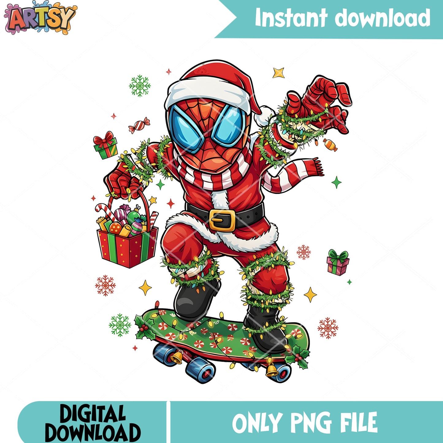 Spiderman christmas png, skateboard png, santa claus hat png