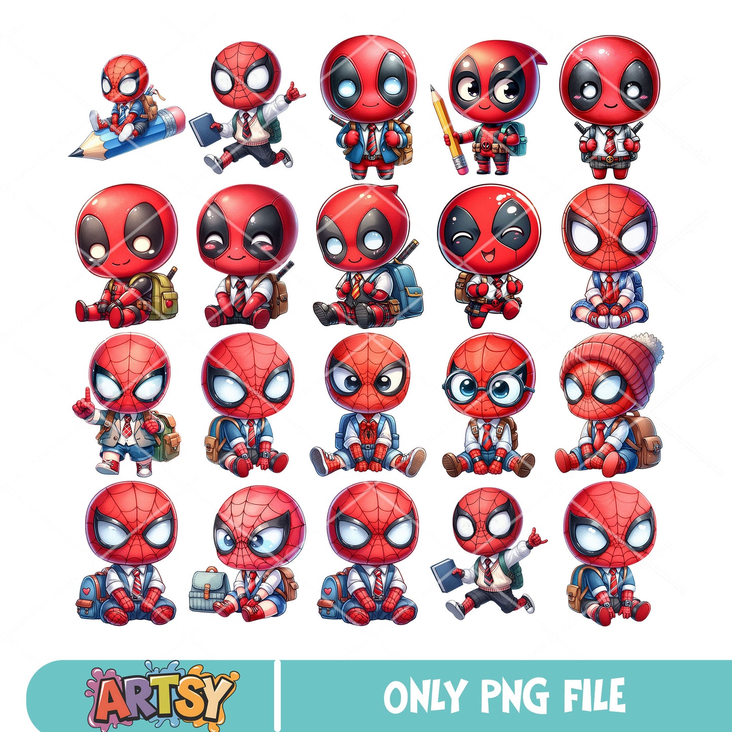 Spidey x deadpool school png bundle, marvel characters png, old school png