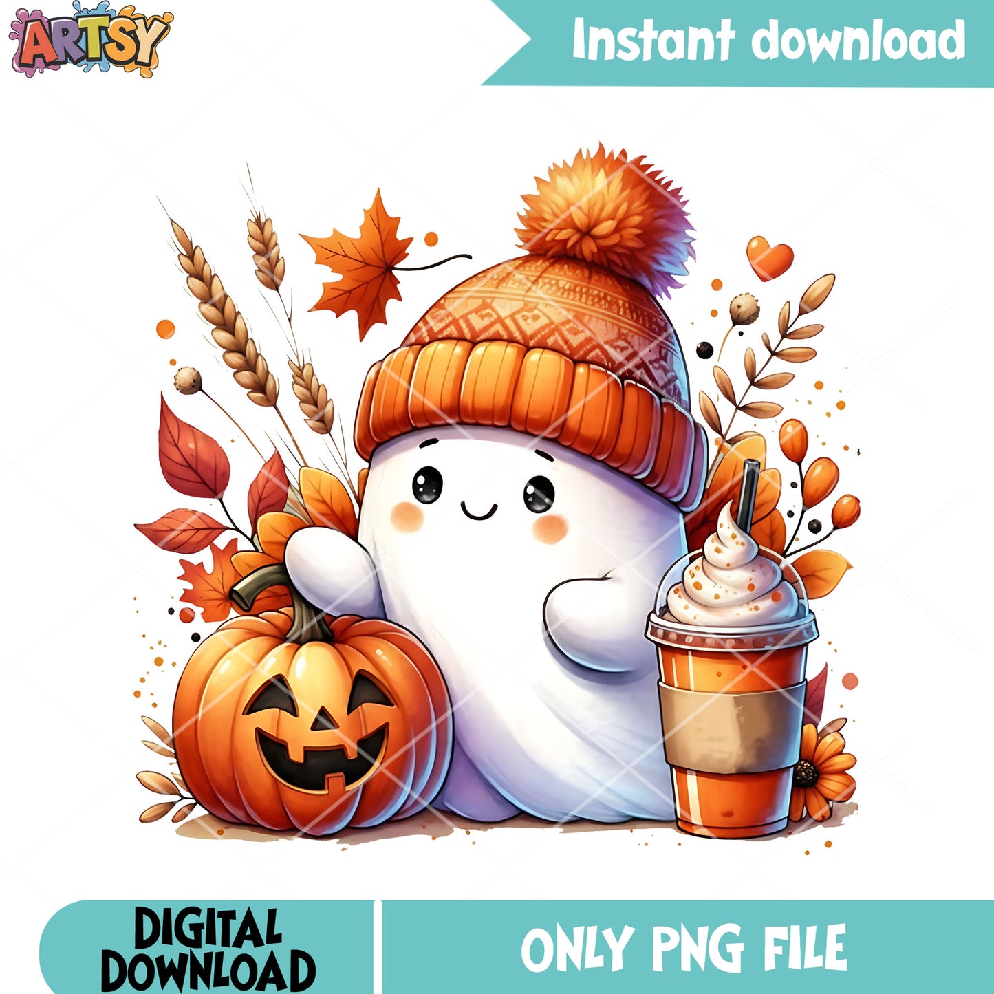Spirit blanket baby png, hot chocolate png, halloween pumpkin png