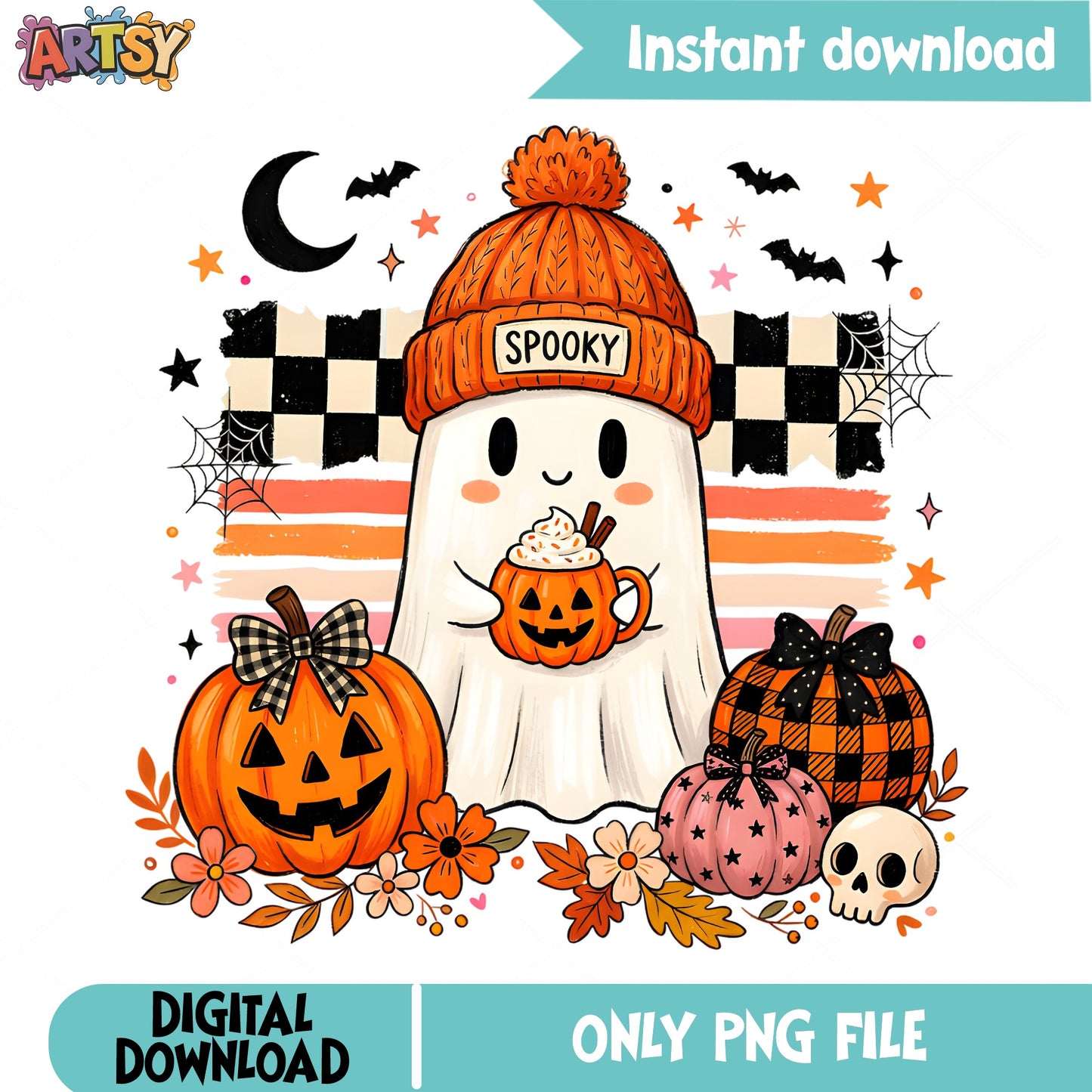 Spooky Ghost Halloween PNG, Cute Ghost Pumpkin PNG, Fall PNG