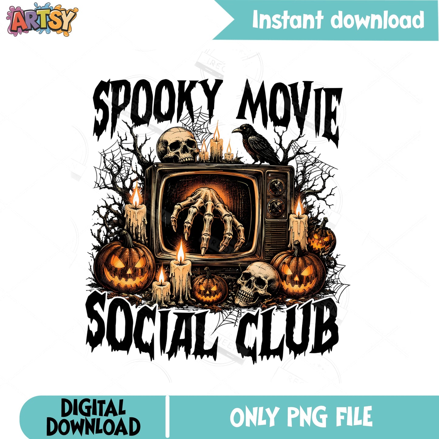 Spooky Movie Social Club PNG, Halloween Skeleton PNG, Pumpkin Halloween PNG