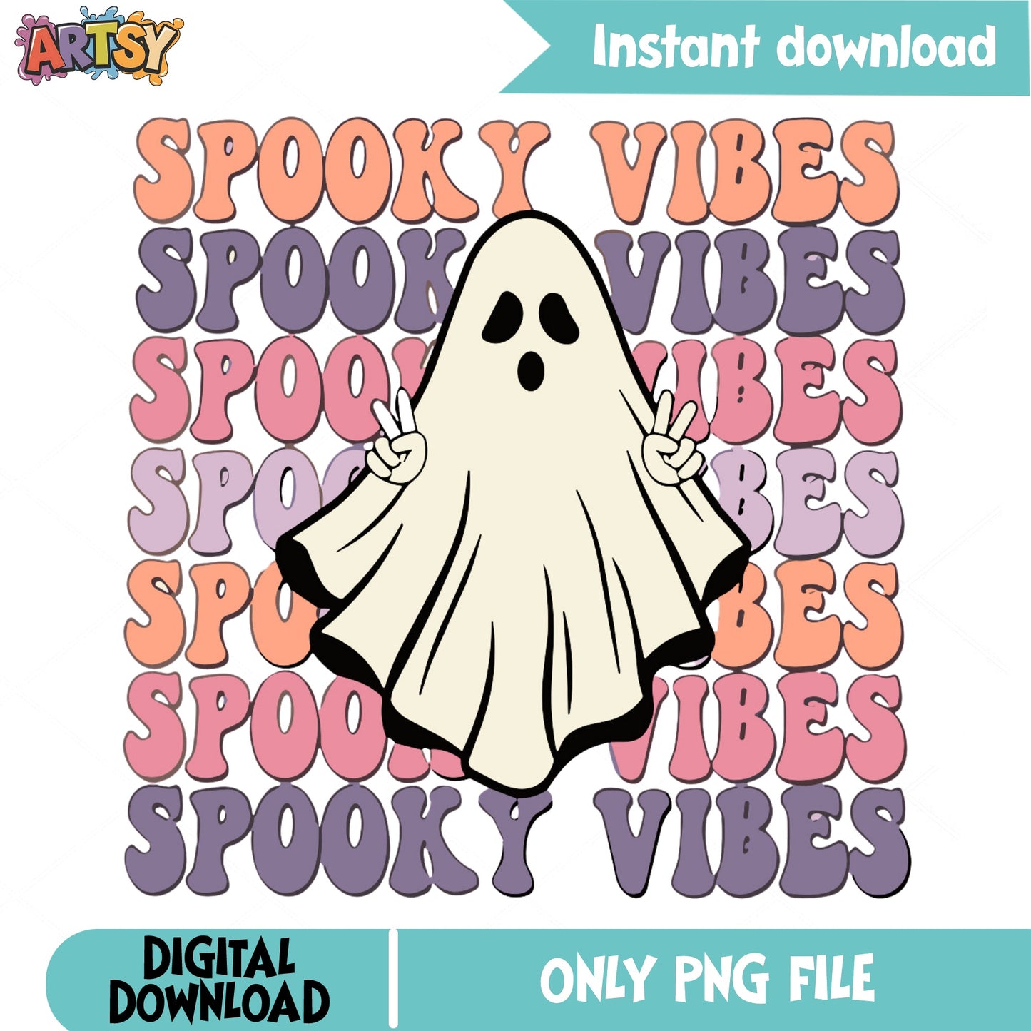 Spooky Vibes Ghost PNG, Halloween Ghost PNG, Retro Halloween PNG