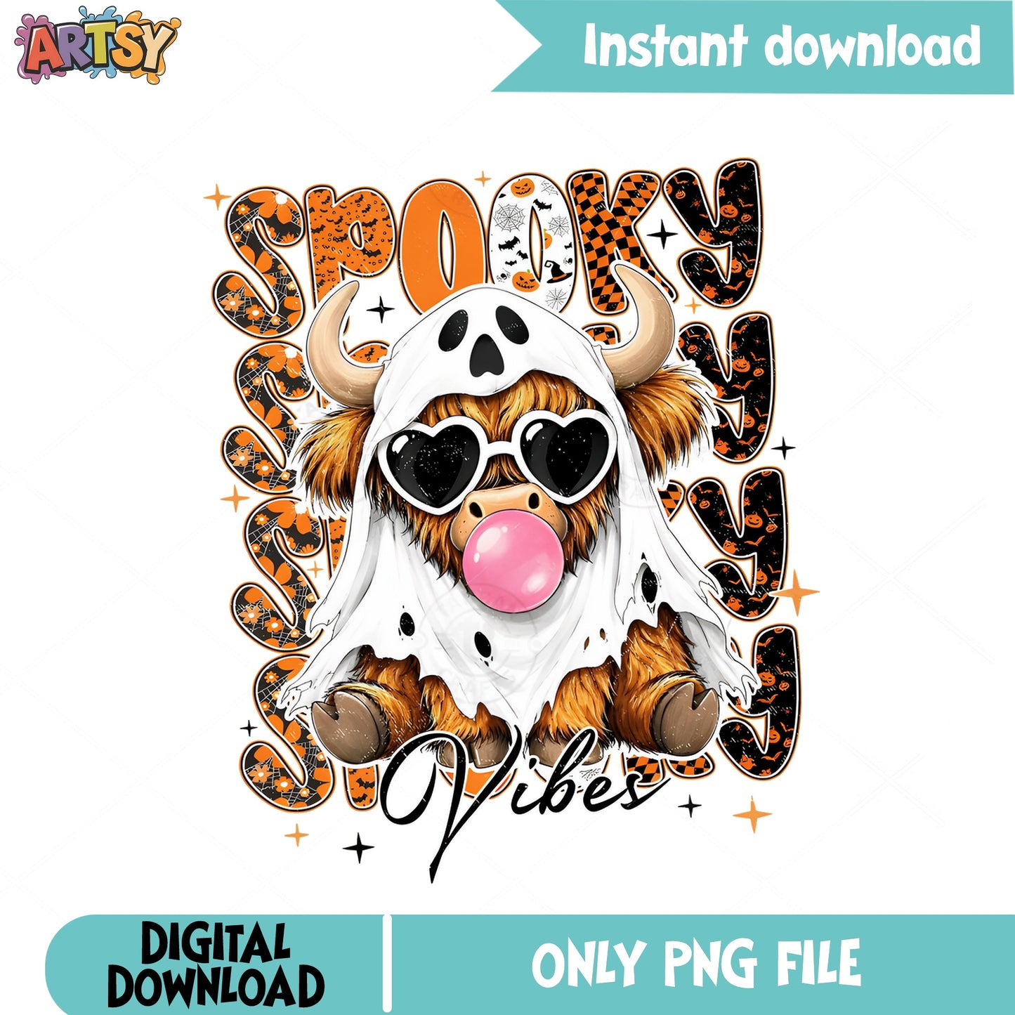 Spooky Vibes Highland Cow Ghost PNG, Halloween PNG, Bubblegum Cow PNG
