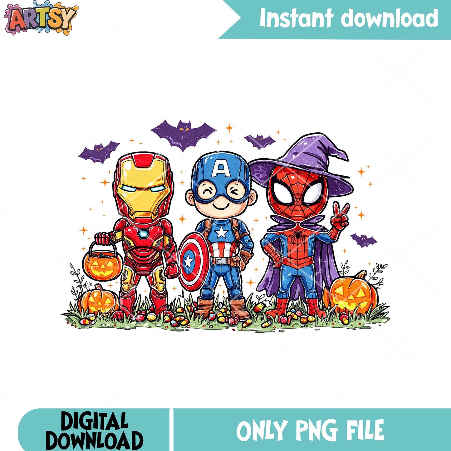 Spooky avengers png, halloween trick or treat png, pumpkin halloween png