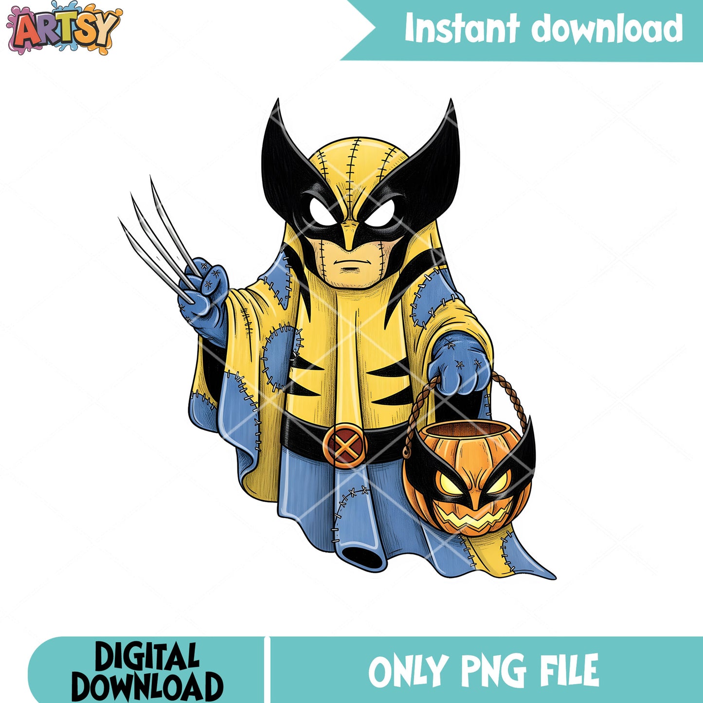 Spooky baby ghost Wolverine png, trick or treart png, marvel halloween png