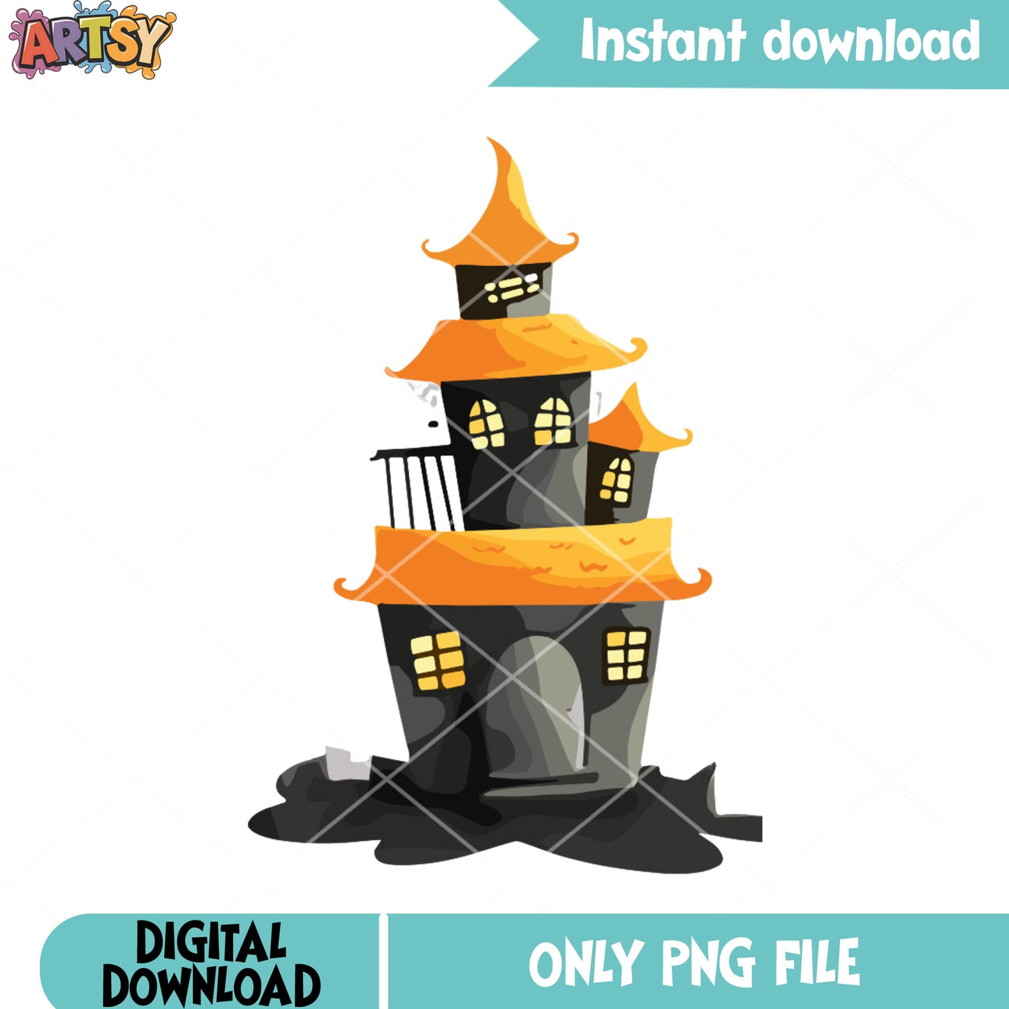 Spooky castle in night png, creepy art png, halloween night png